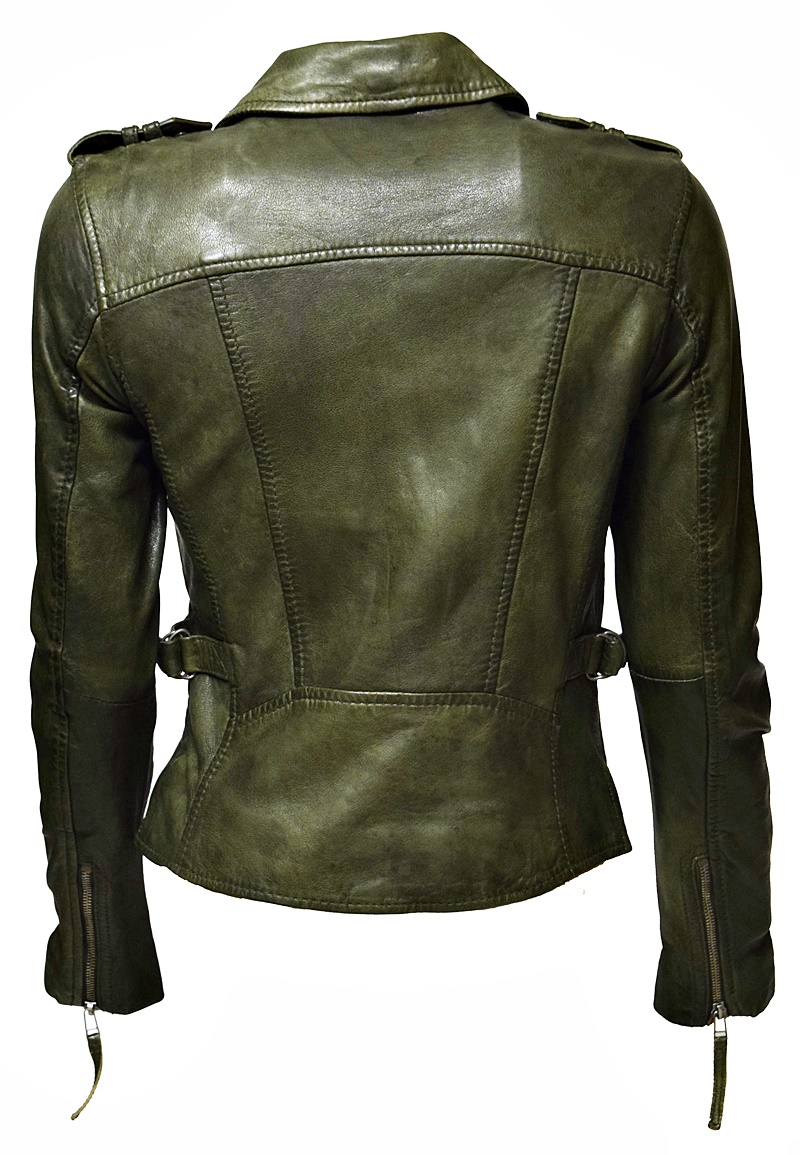 Damen Biker Lederjacke Amalia in Khaki Grün