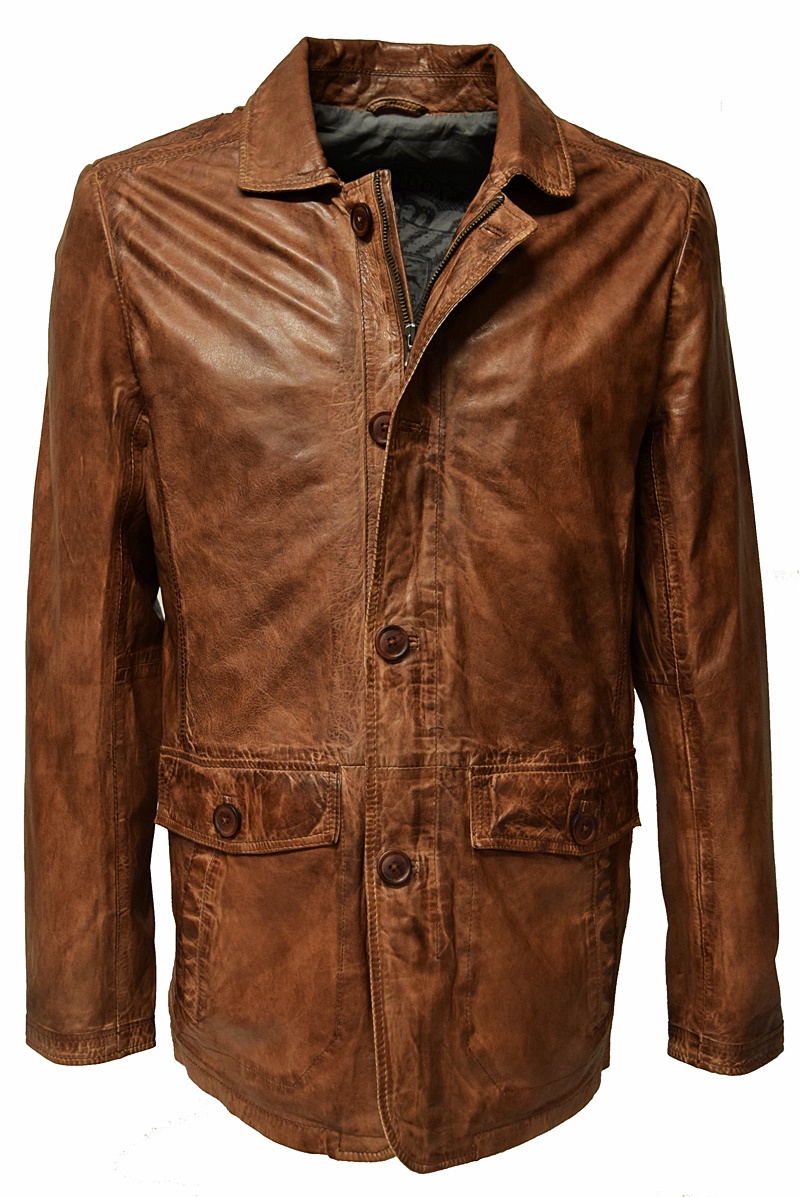 Herren Long Lederjacke Anthony in Dunkelcognac