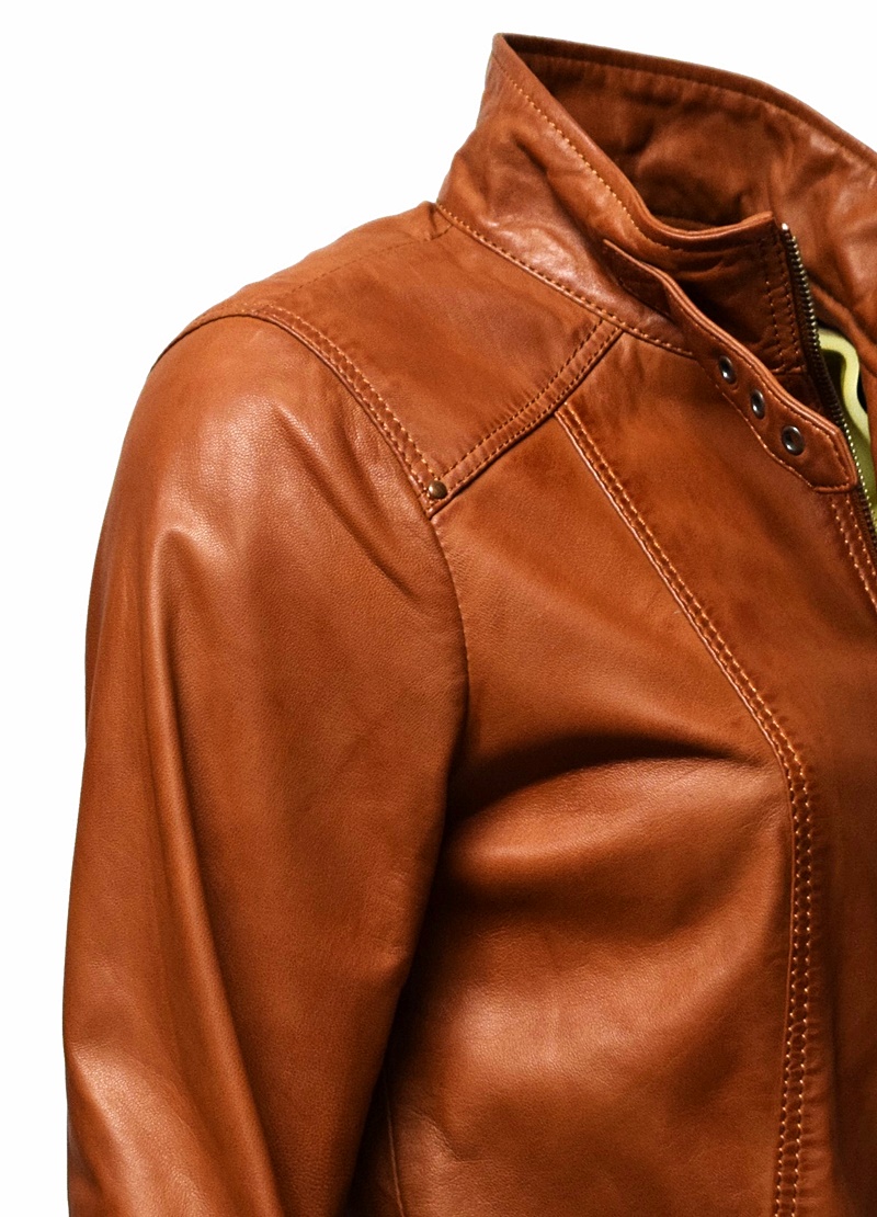 Damen Lederjacke Meggi mit Gürtel in washed Cognac