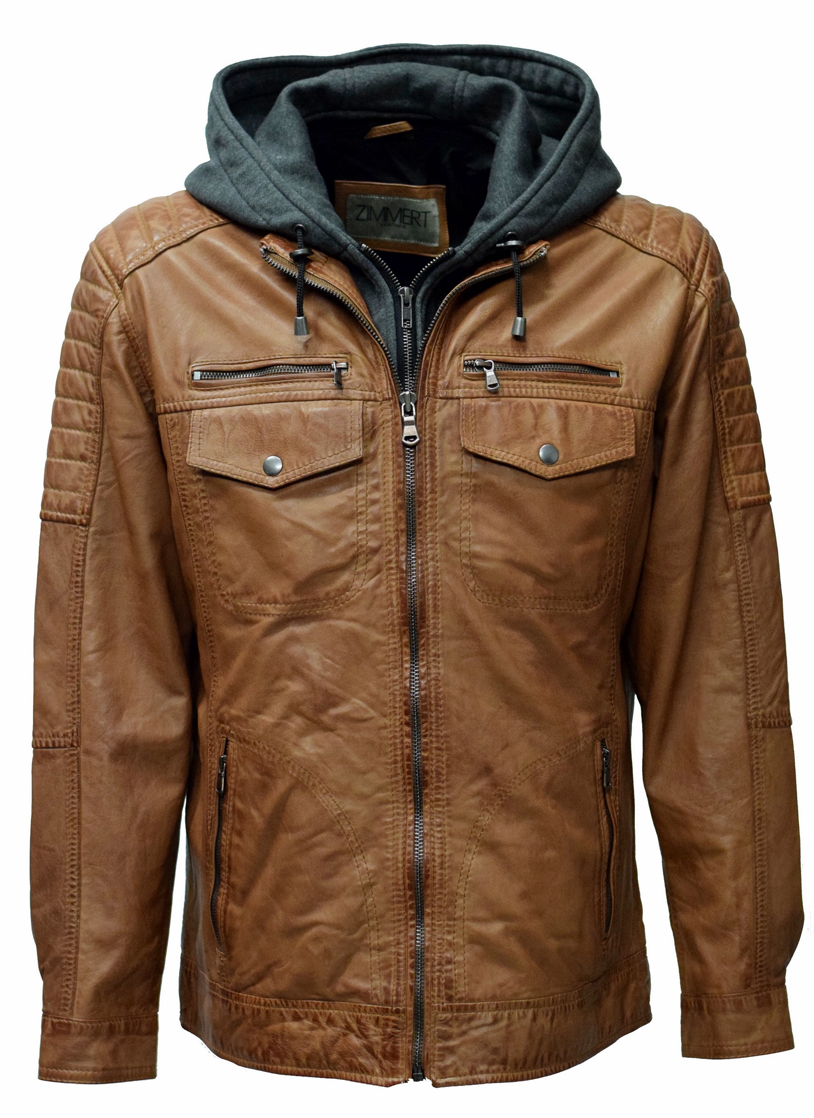 Herren Lederjacke Gernd mit Kapuze washed Cognac Braun