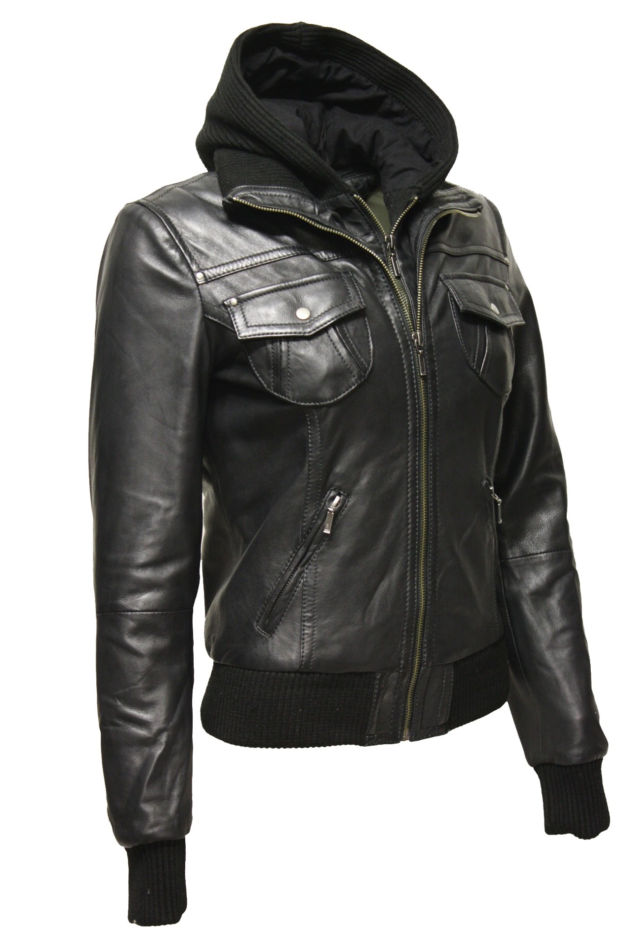 Damen Lederjacke "FIBI" mit Kapuze in washed Schwarz