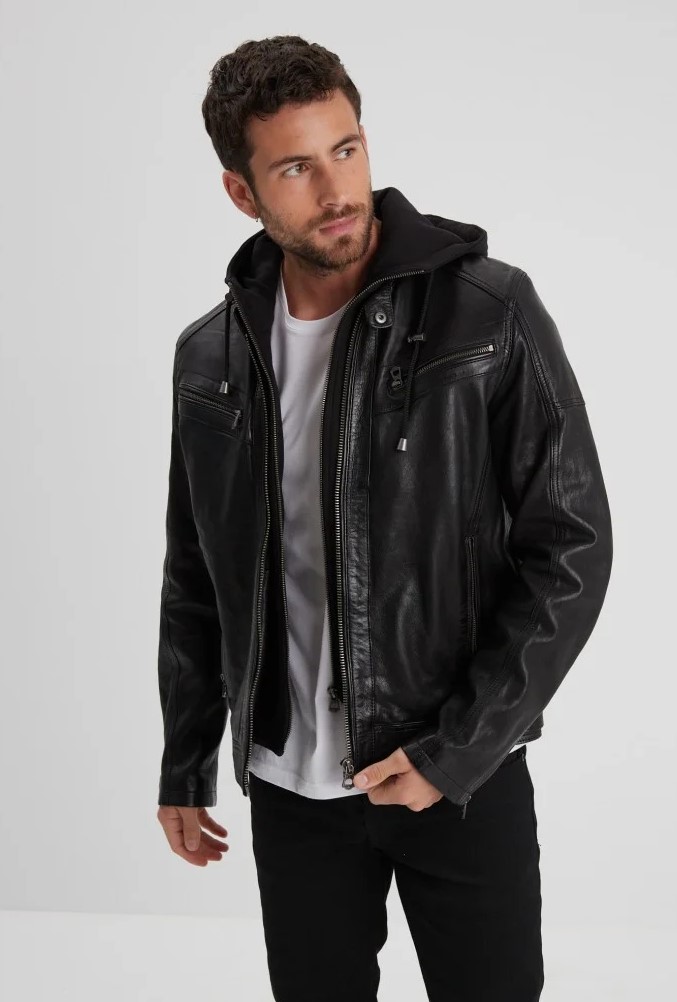 Herren Lederjacke Winstone mit abnehmbarer Kapuze in Vintage Schwarz Braun