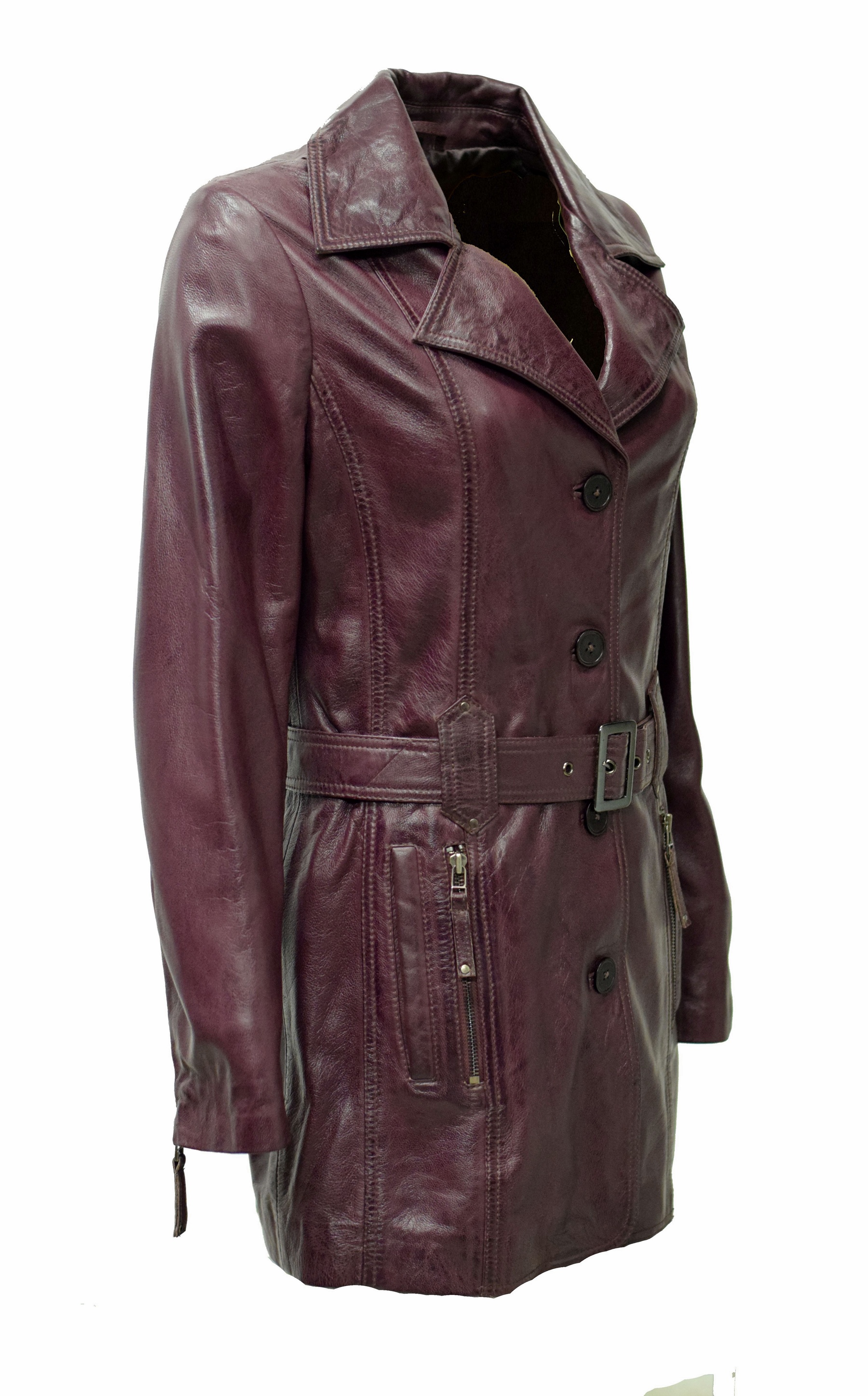 Damen Ledermantel Kaja in washed Burgund