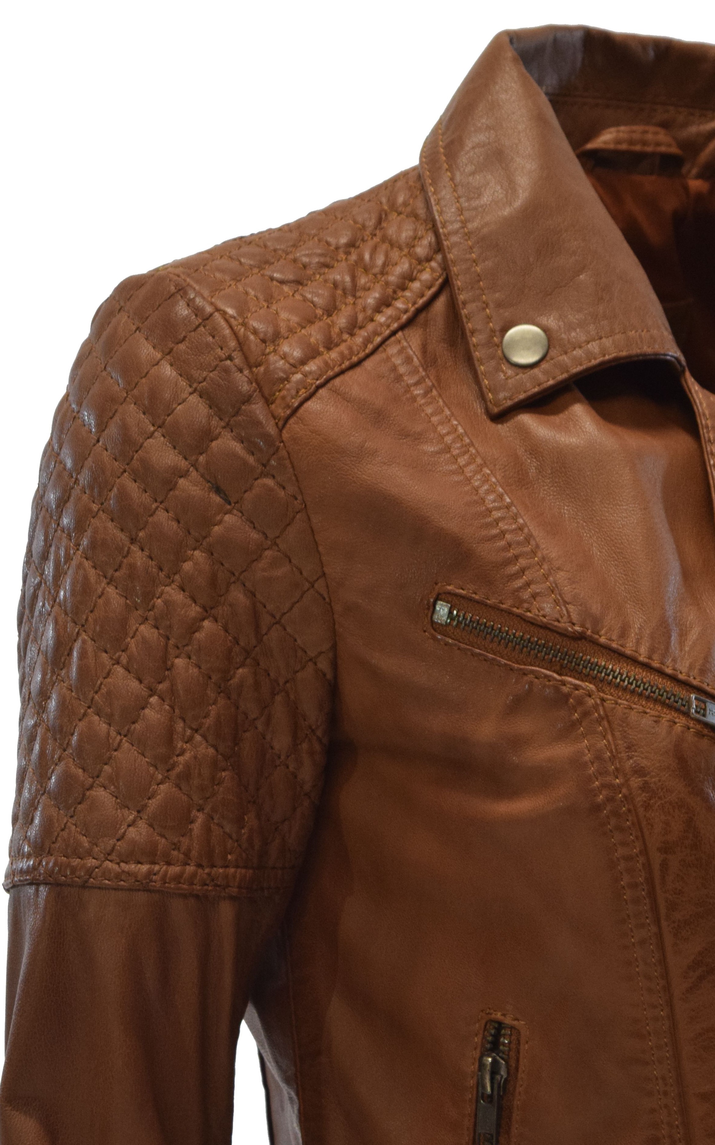 Damen Lederjacke Mona im Biker Stil in Cognac Braun