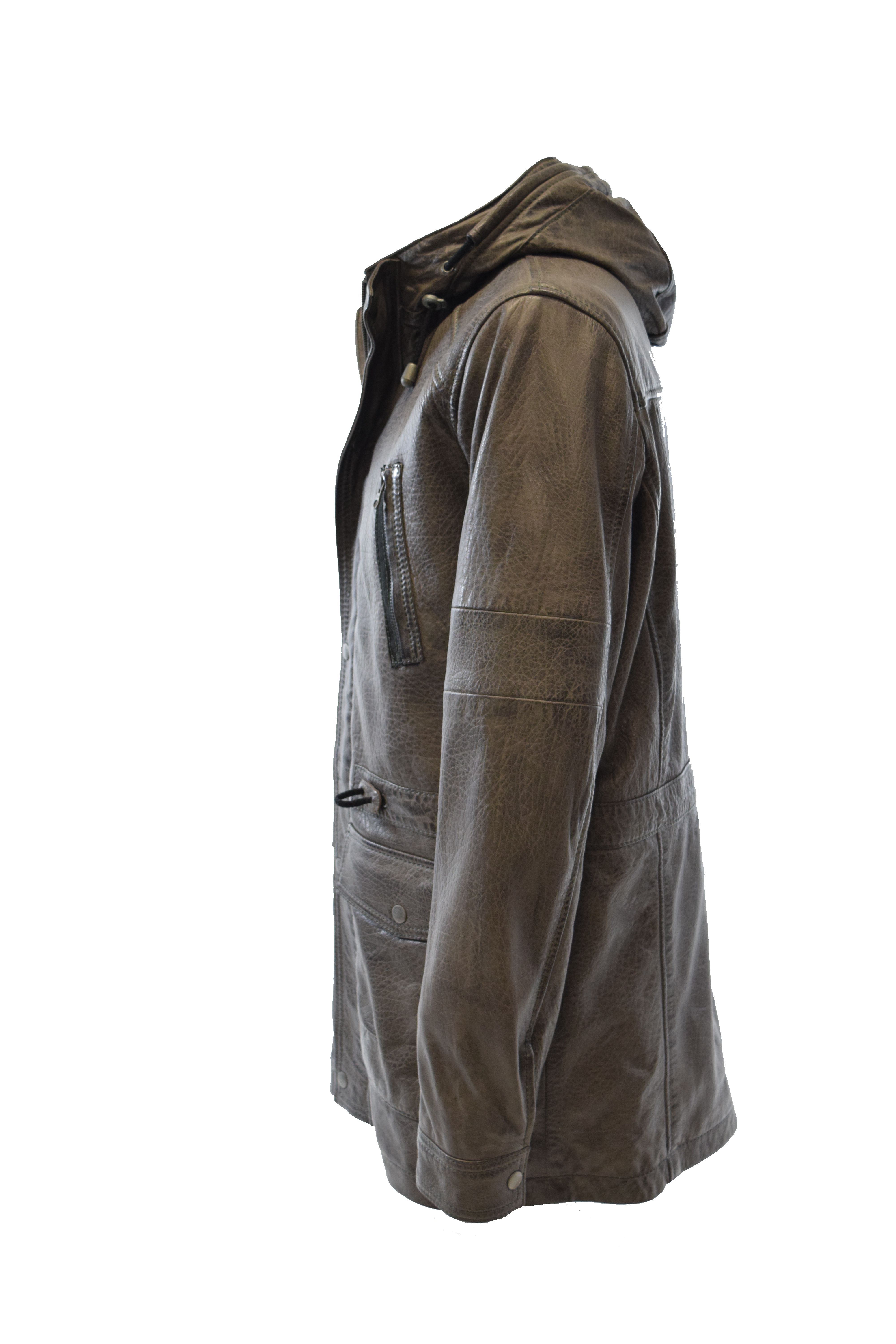 Herren Long Lederjacke Pit Duffelcoat Kapuze in Grau