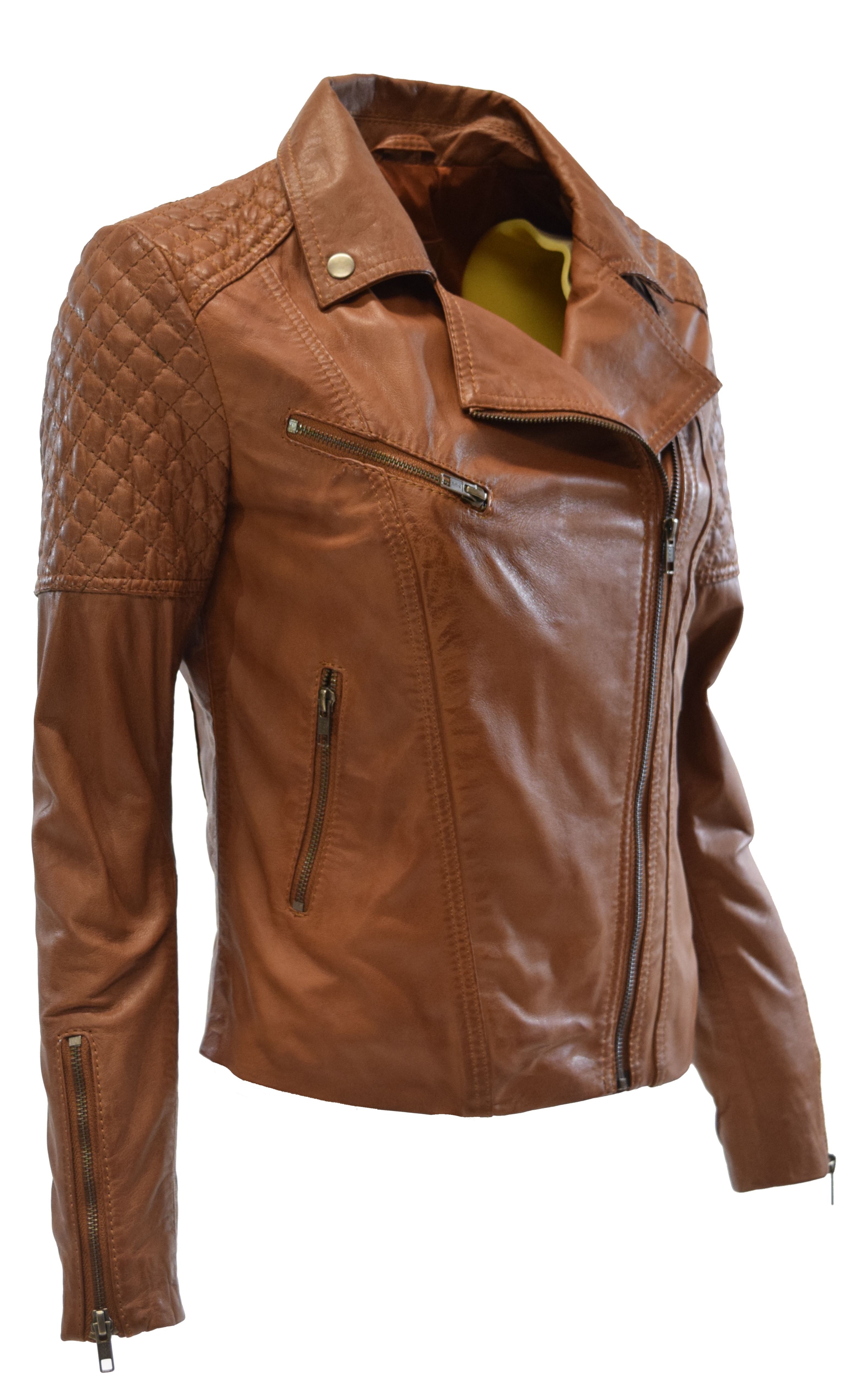 Damen Lederjacke Mona im Biker Stil in Cognac Braun