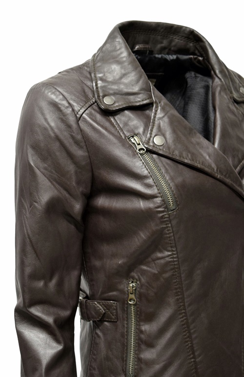 Damen Lederjacke Stella im Biker Stil Moccabraun