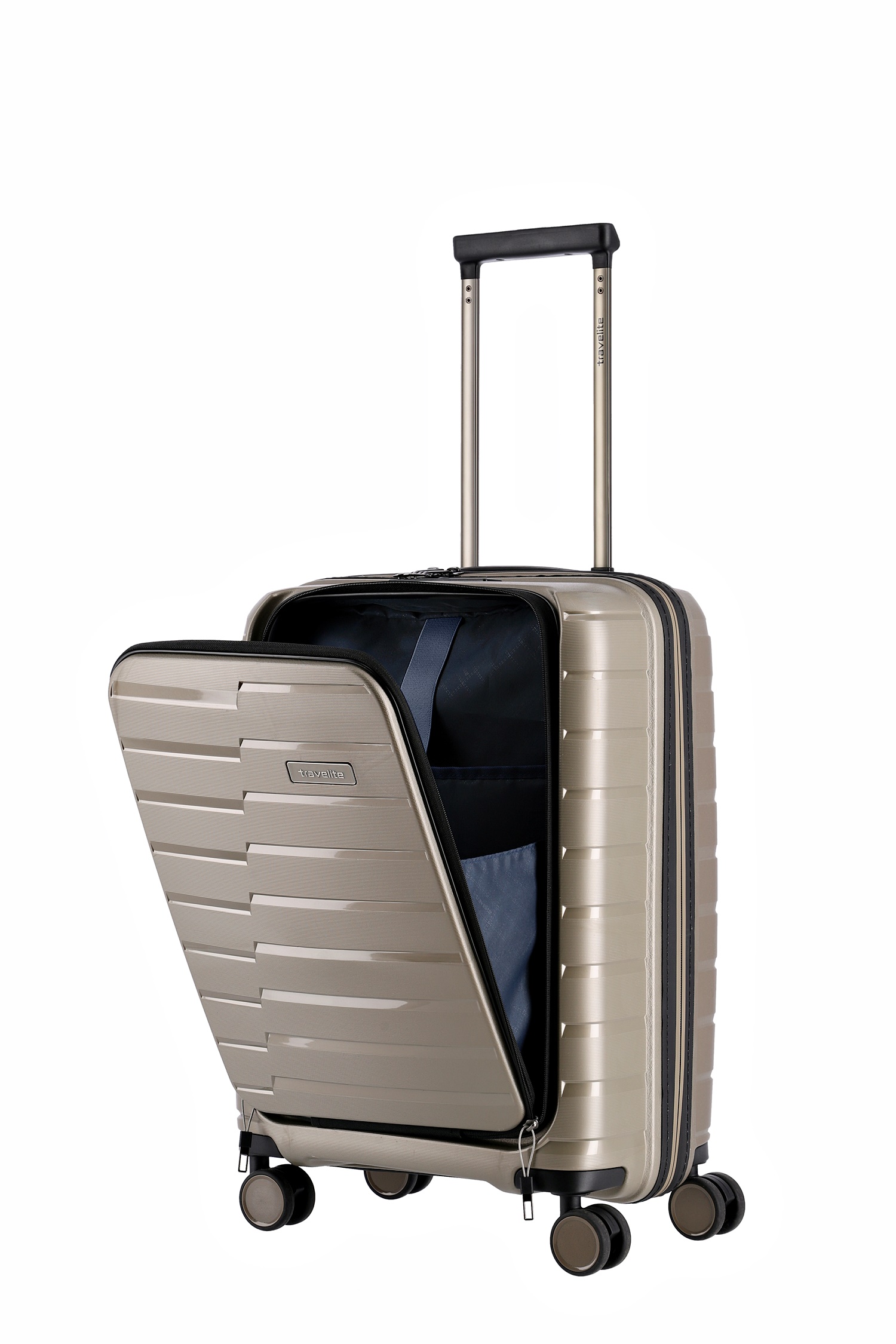 Travelite Koffer Air Base Vortasche 4 Rollen Trolley 55 cm S+ Champagner