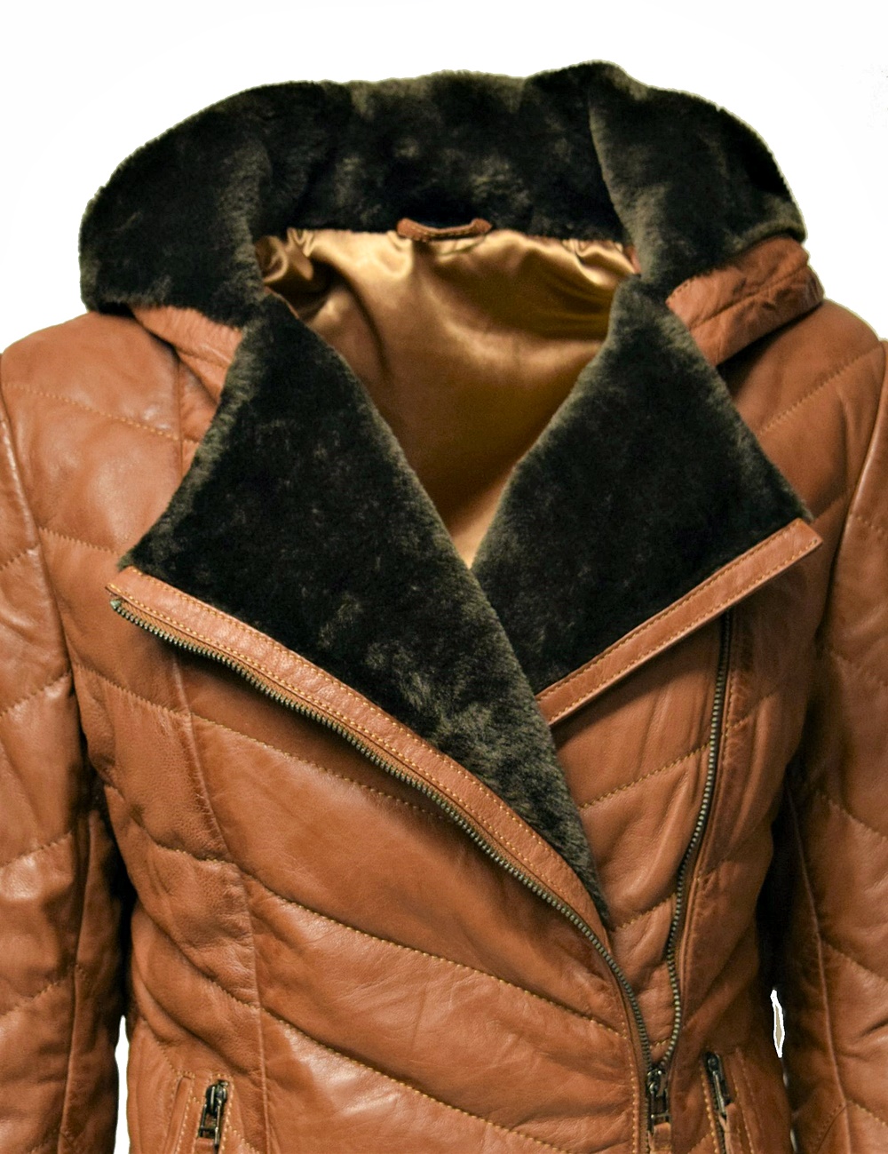 Damen Stepp-Lederjacke Mariella mit Kapuzenkragen in Dunkelcognac