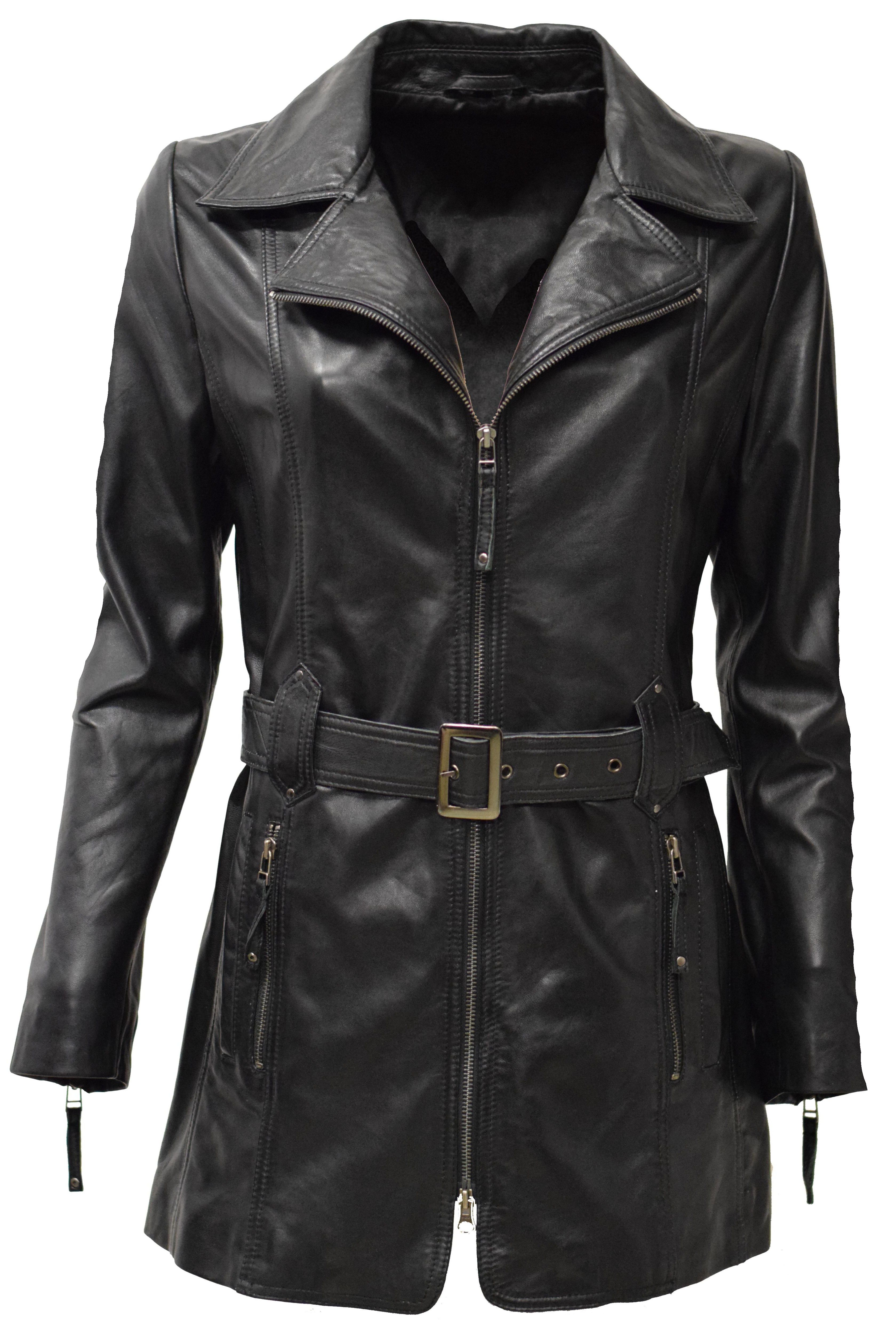 Damen Ledermantel Lara in washed Schwarz 