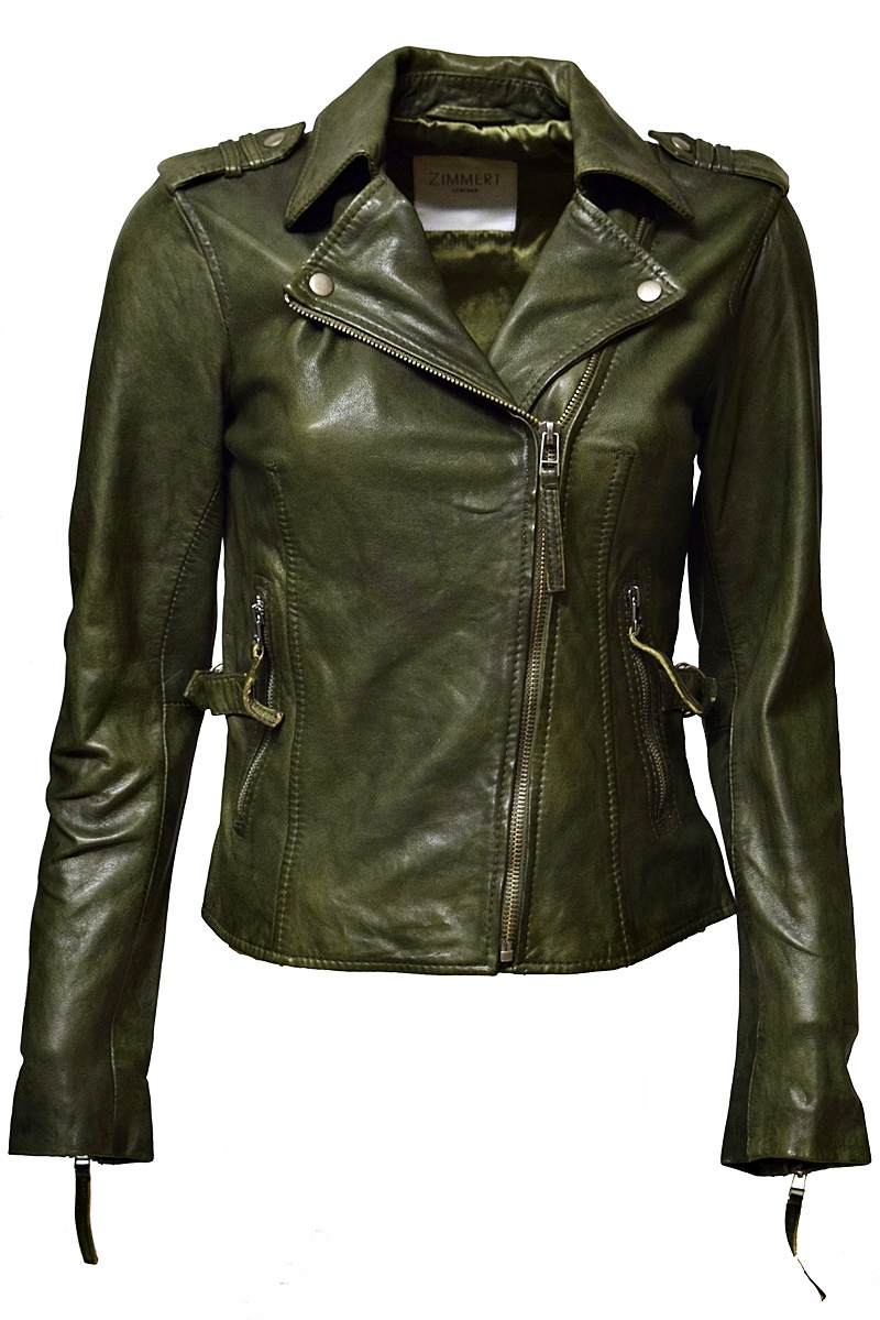 Damen Biker Lederjacke Amalia in Khaki Grün