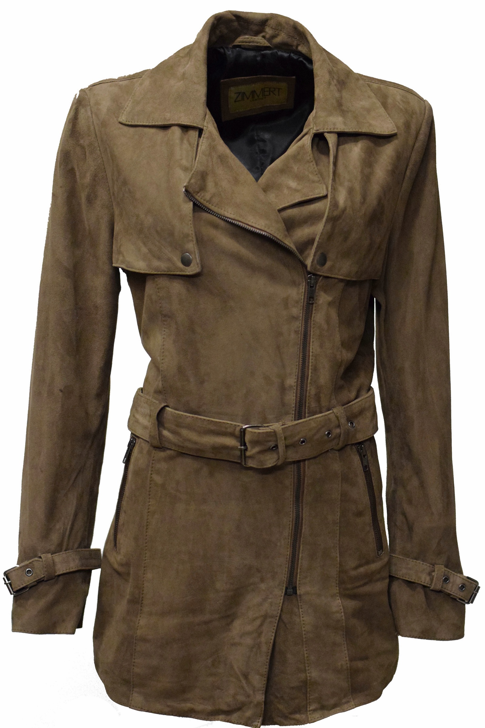 Damen Kurz-Trenchcoat Ledermantel Millu in Schlamm