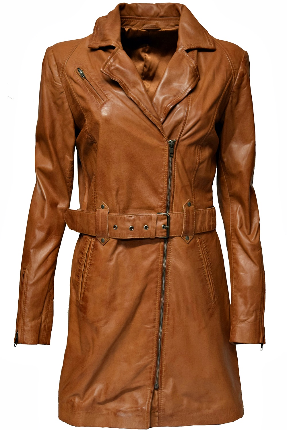 Damen Biker Ledermantel Una washed Cognac