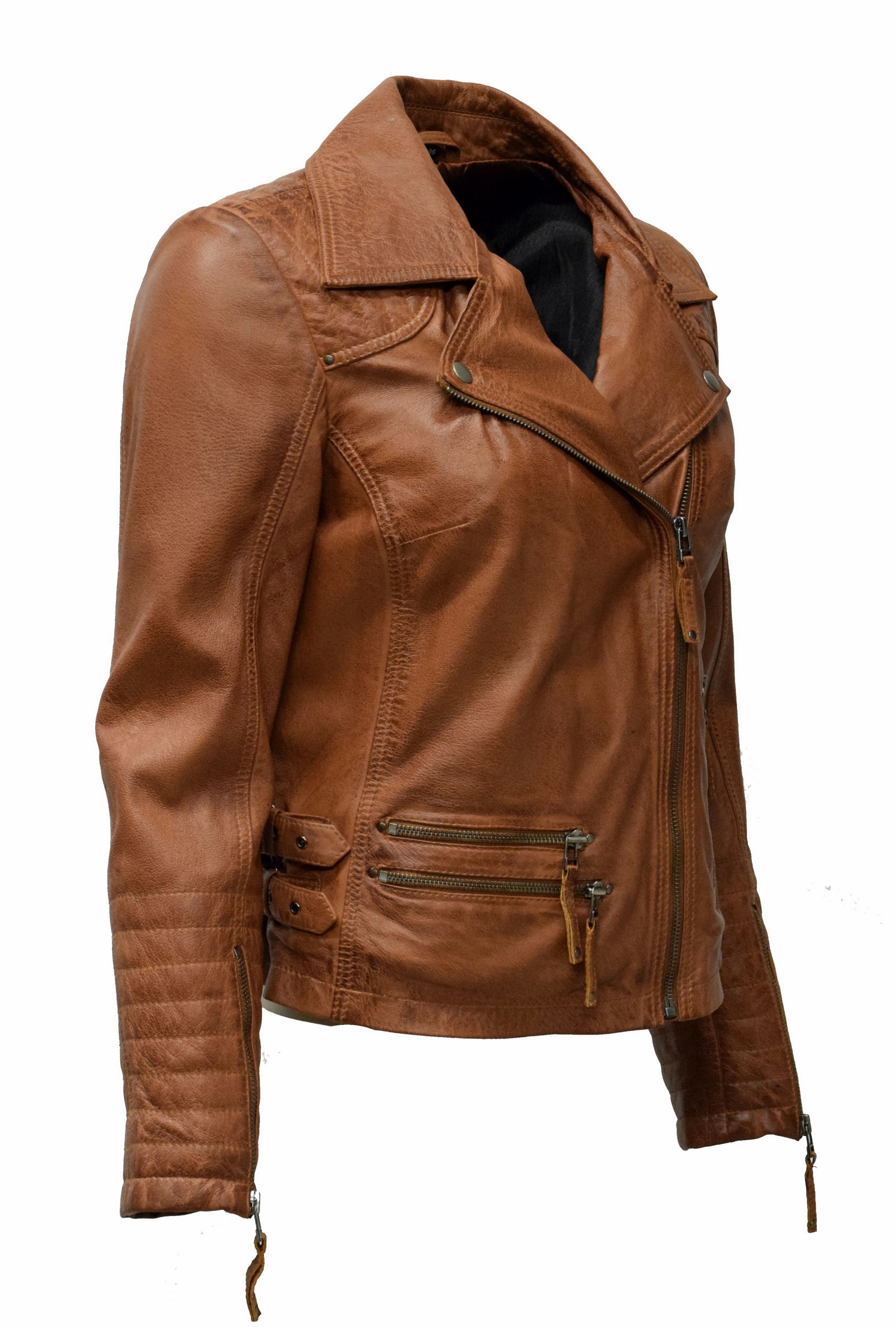 Damen Biker Lederjacke Cara in washed Cognac 