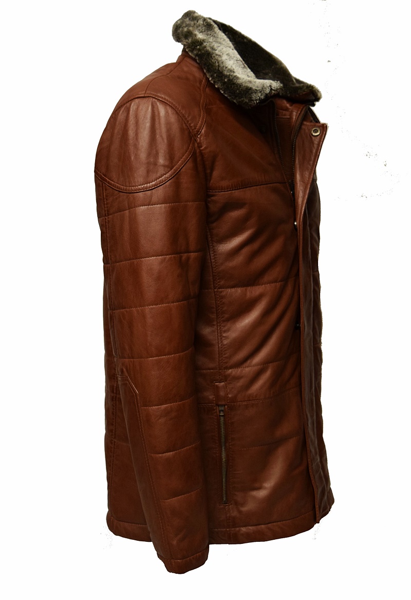 Herren Long Stepp-Lederjacke Sid in Dunkelcognac