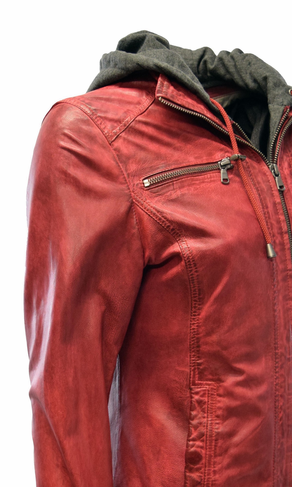 Damen Lederjacke Jersei in washed Rot mit Kapuze