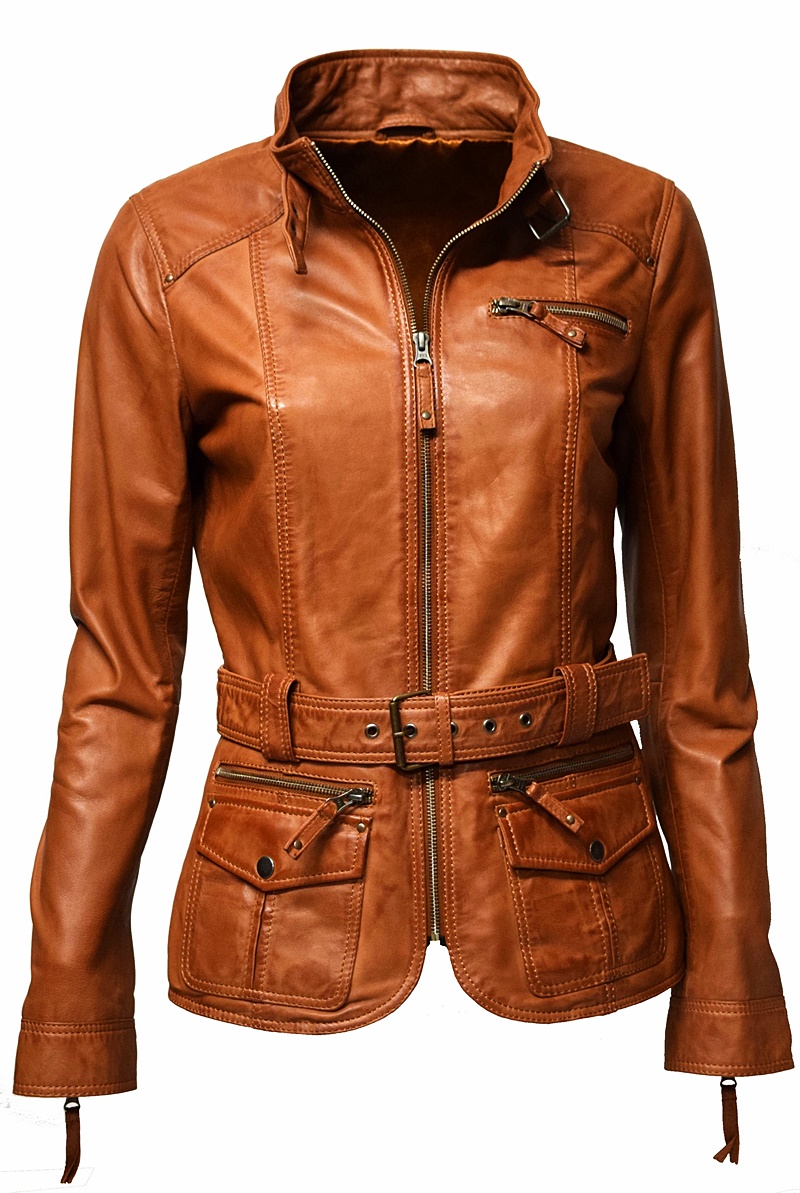 Damen Lederjacke Meggi mit Gürtel in washed Cognac