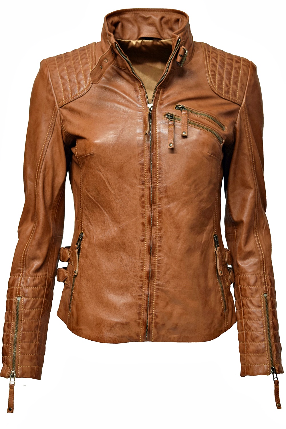 Damen Lederjacke Amy gesteppt washed Cognac