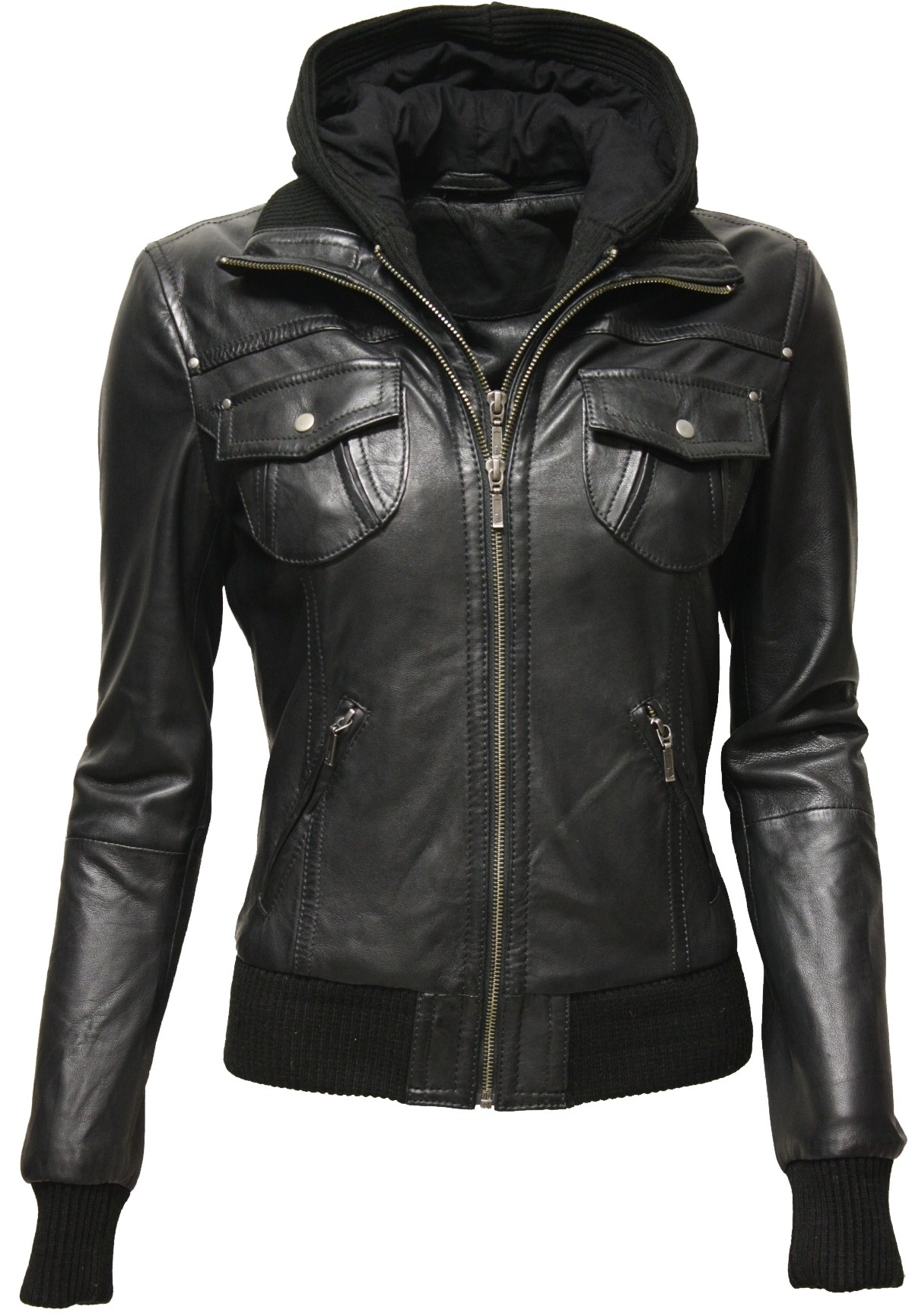 Damen Lederjacke "FIBI" mit Kapuze in washed Schwarz