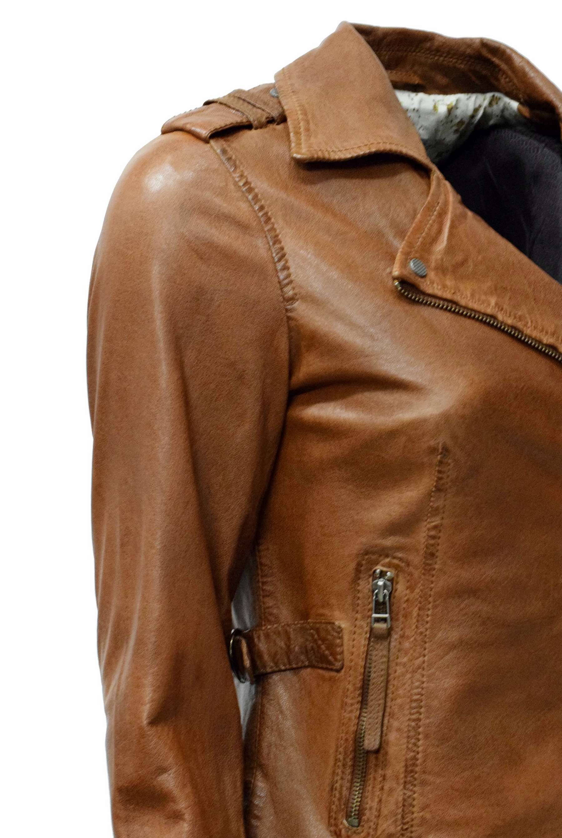 Damen Biker Lederjacke Amalia in washed Cognac