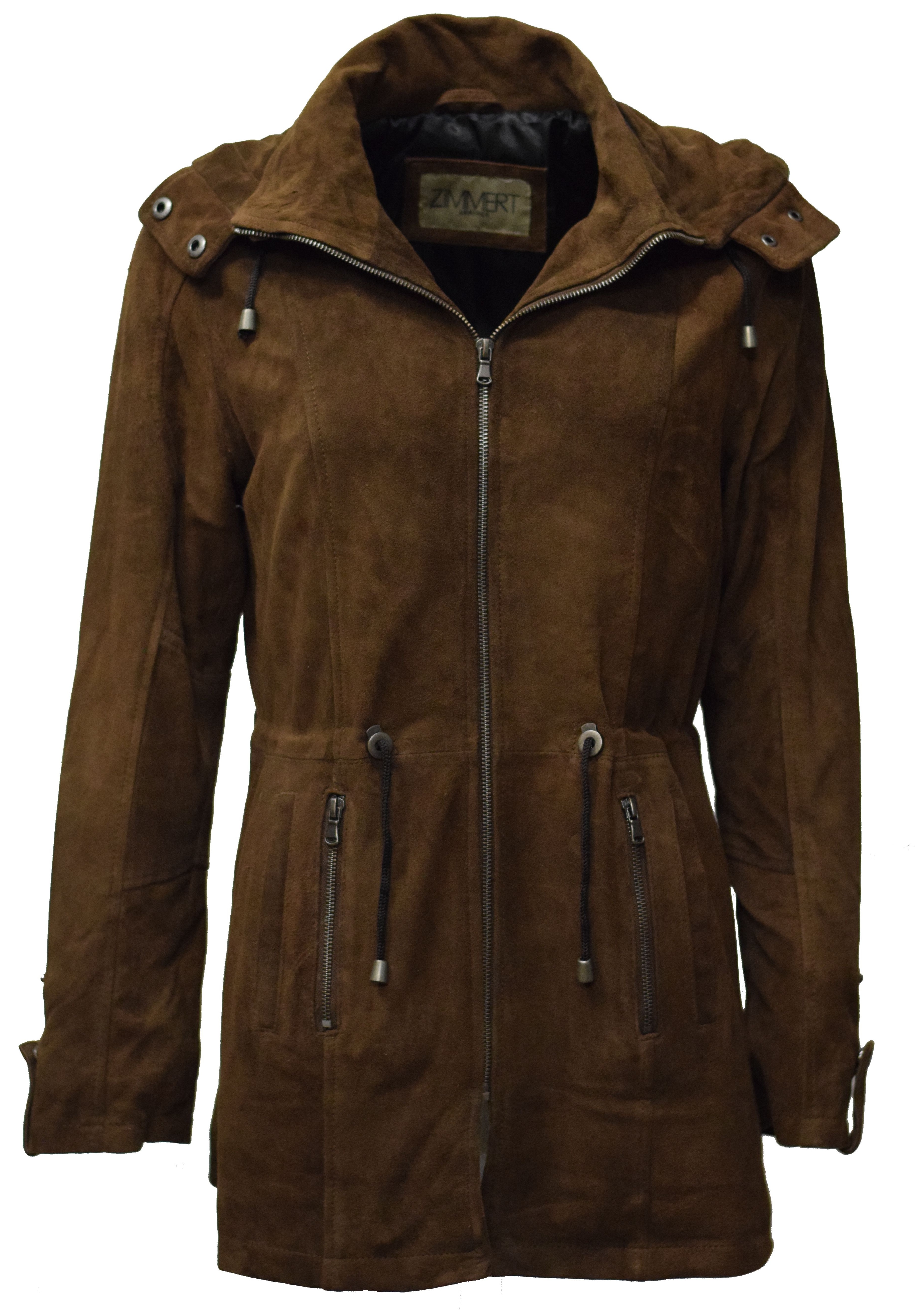 Damen Lederparka Helene mit Kapuze aus Ziegenvelourleder in Mocca