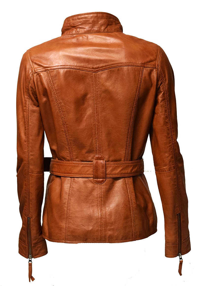 Damen Lederjacke Meggi mit Gürtel in washed Cognac