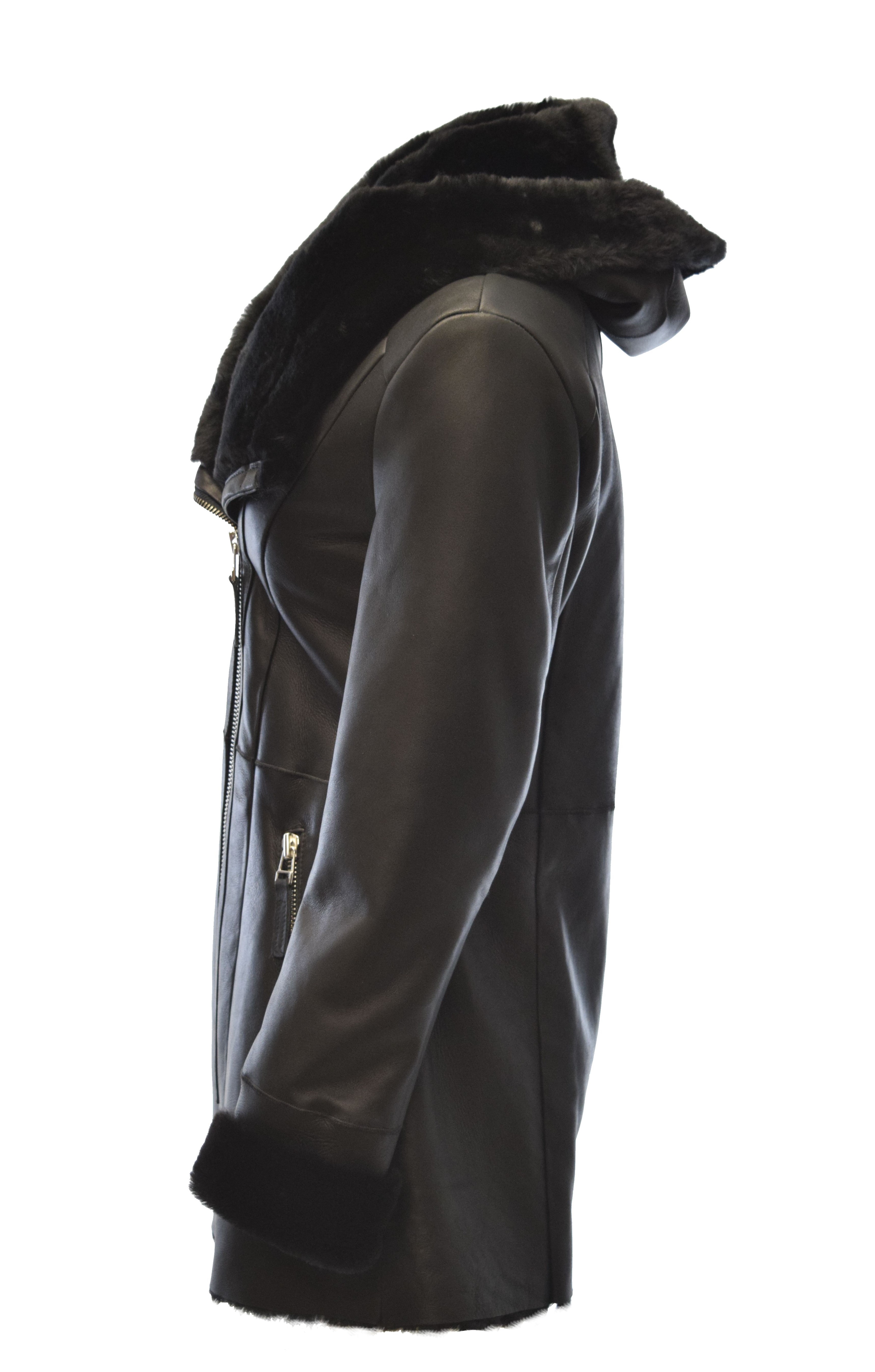Damen Lammfellmantel Olivia mit großer Kapuze in Schwarz