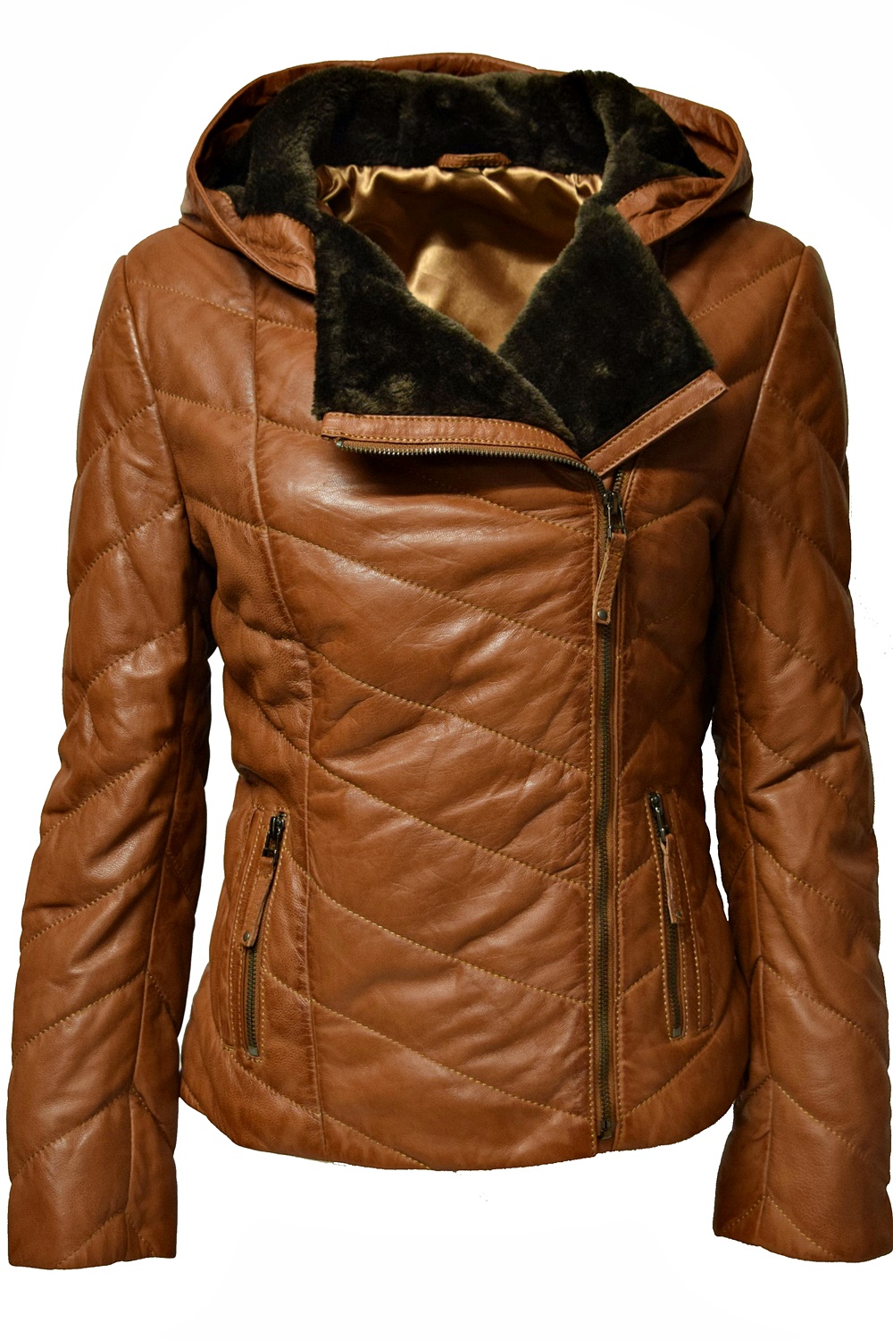 Damen Stepp-Lederjacke Mariella mit Kapuzenkragen in Dunkelcognac