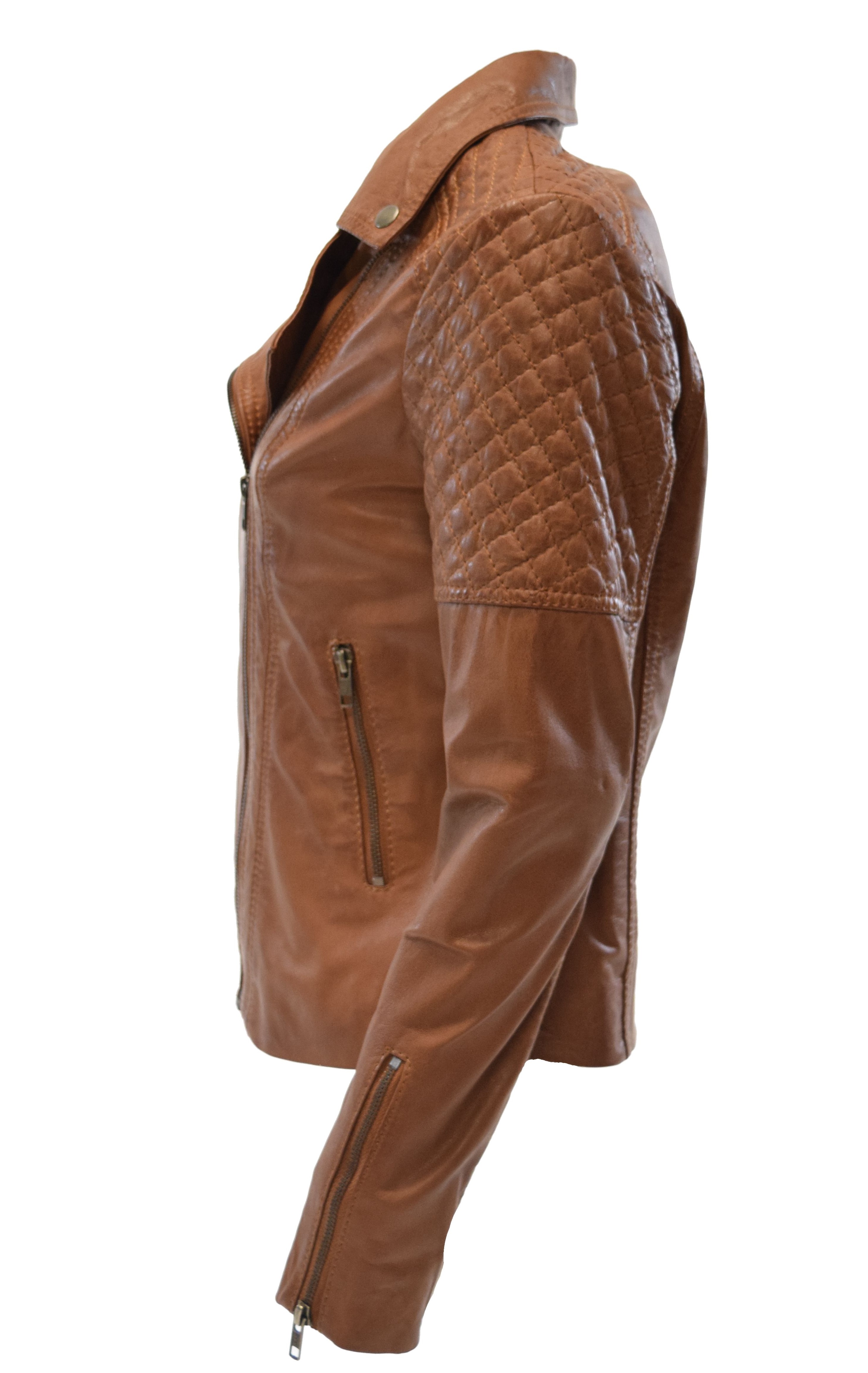 Damen Lederjacke Mona im Biker Stil in Cognac Braun