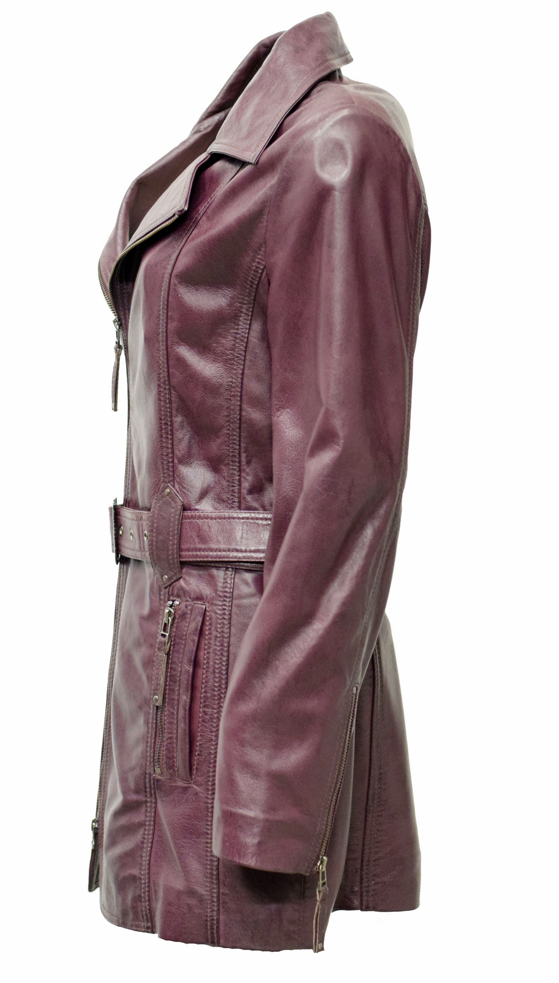 Damen Ledermantel Lara in washed Burgund