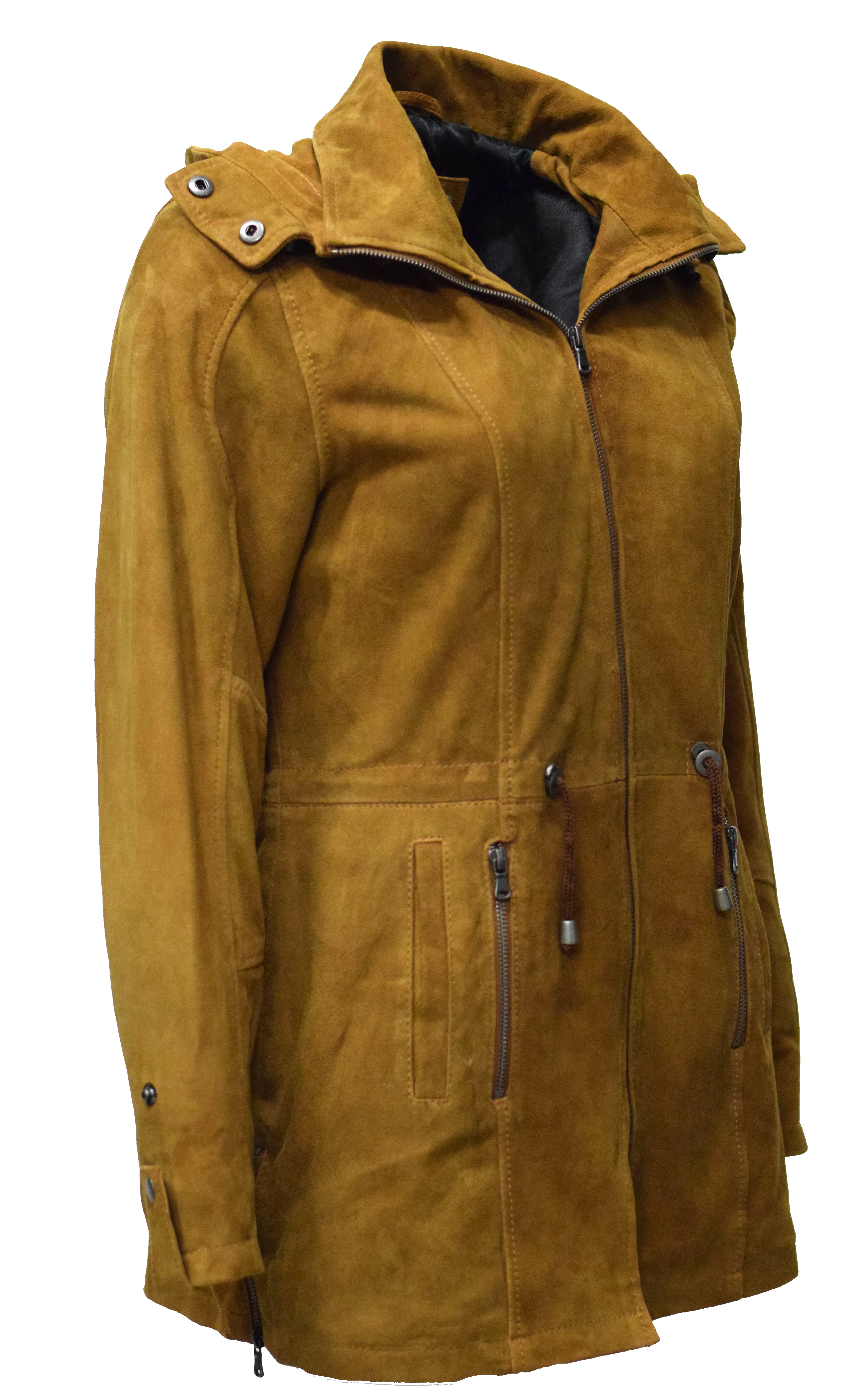 Damen Lederparka Helene mit Kapuze aus Ziegenvelourleder in Cognac