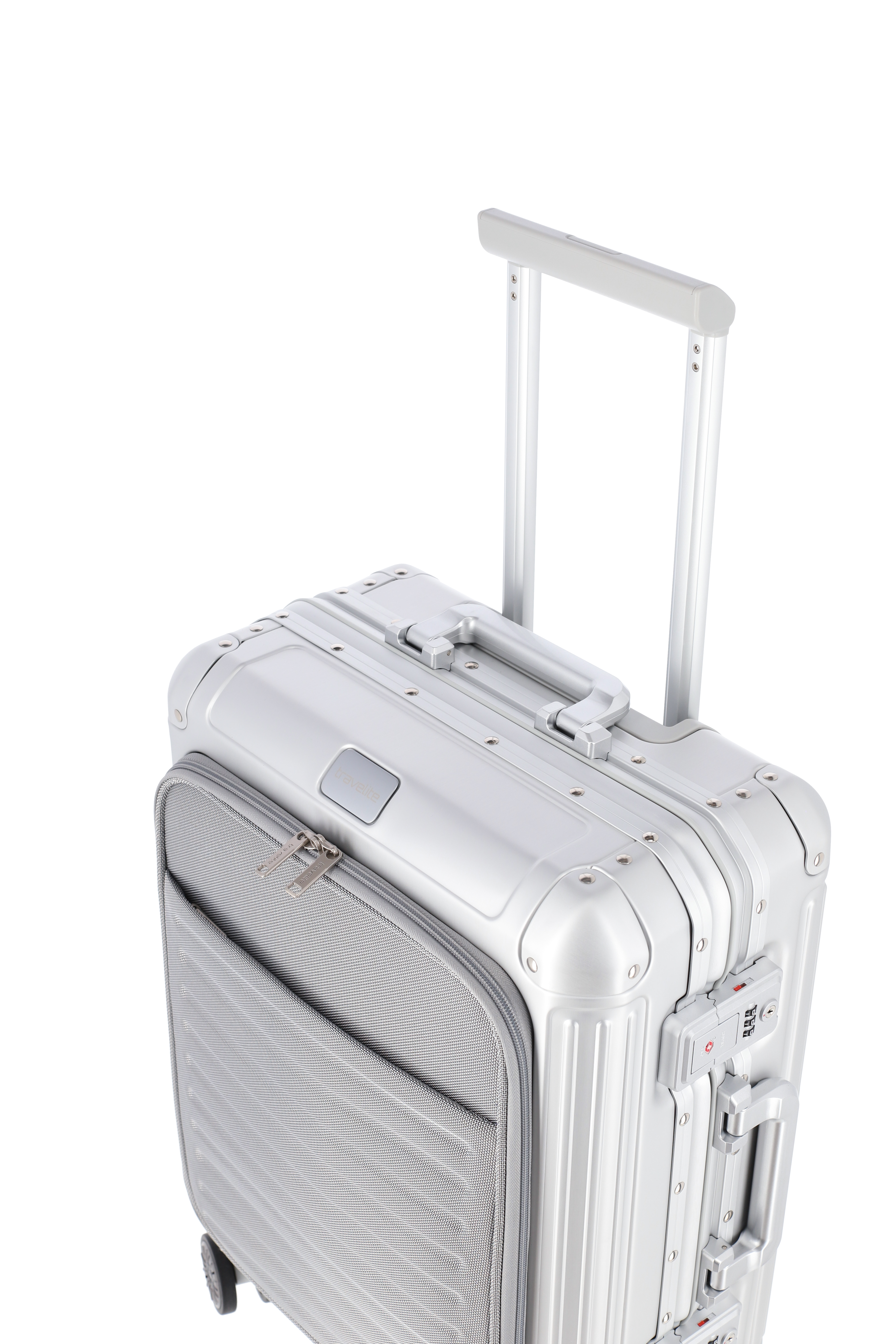 Travelite Aluminium Trolley Next mit Vortasche S 55 cm mit 4 Rollen Silber