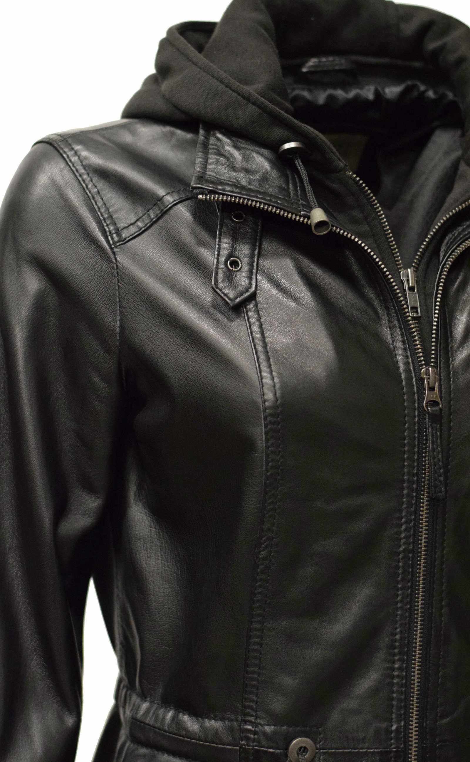 Damen Lederjacke Vanilla mit Kapuze in Schwarz