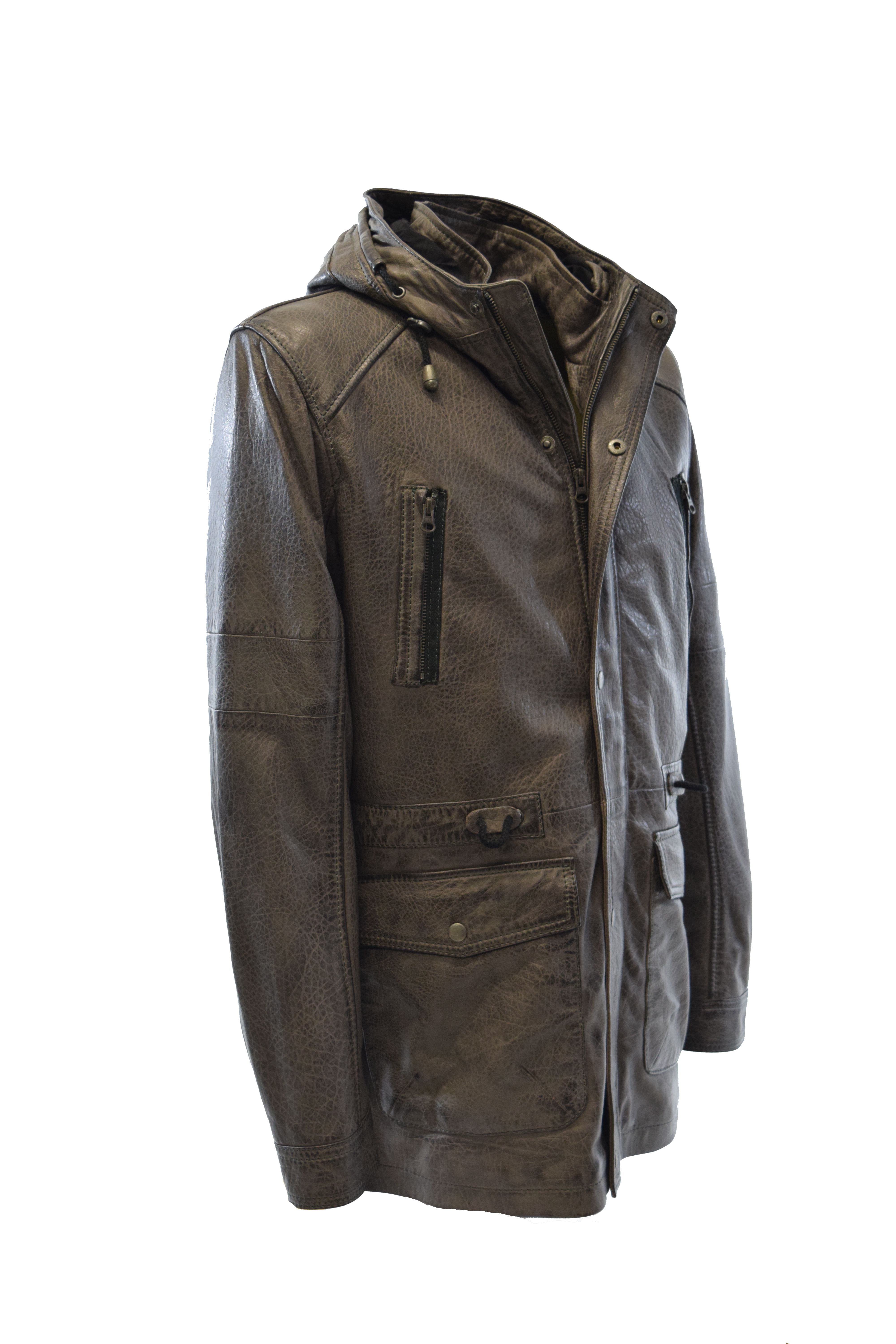 Herren Long Lederjacke Pit Duffelcoat Kapuze in Grau