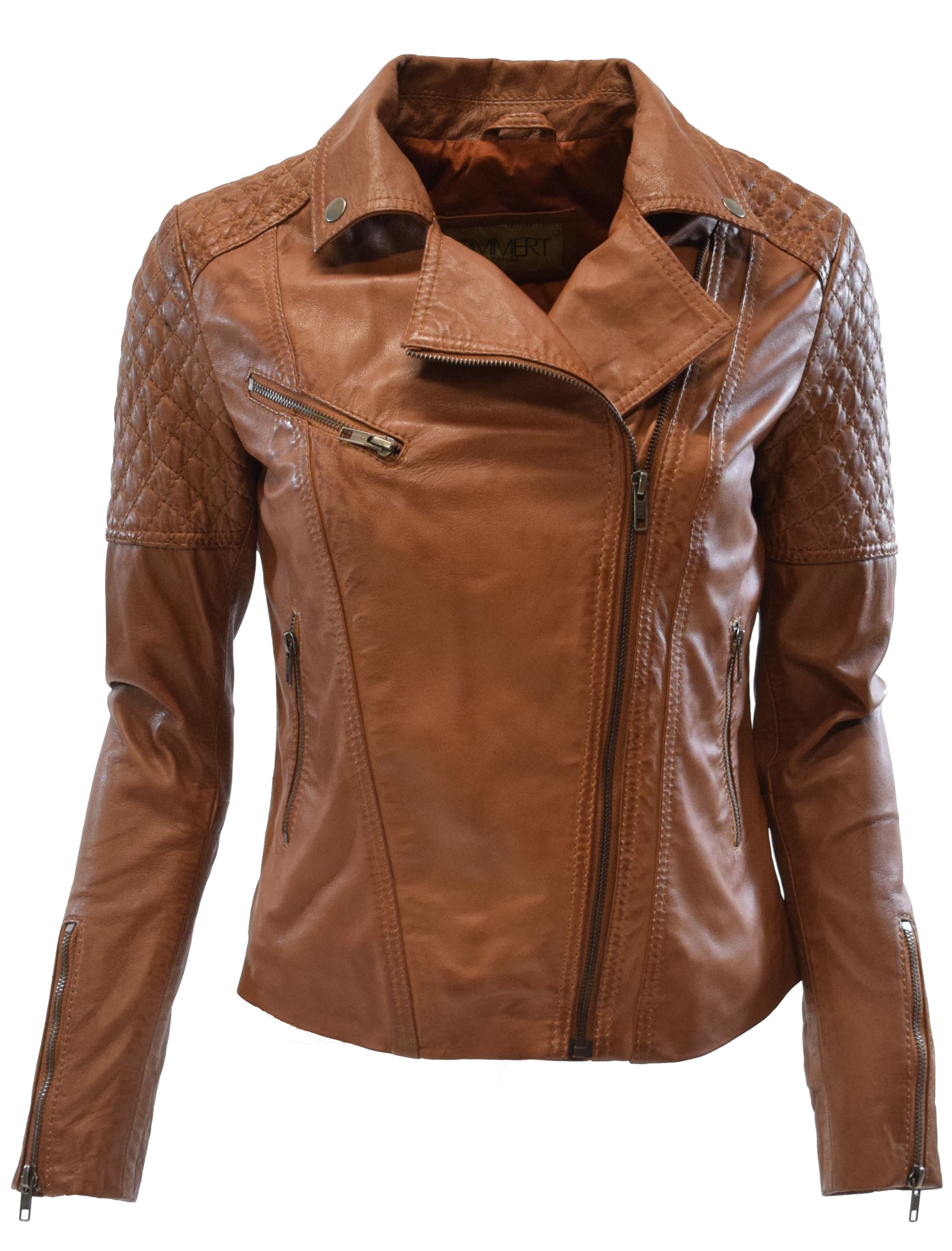 Damen Lederjacke Mona im Biker Stil in Cognac Braun