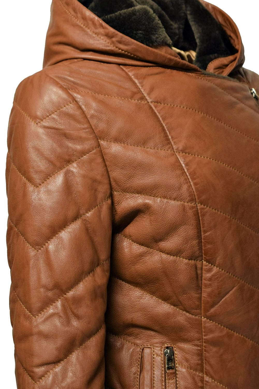 Damen Stepp-Lederjacke Mariella mit Kapuzenkragen in Dunkelcognac