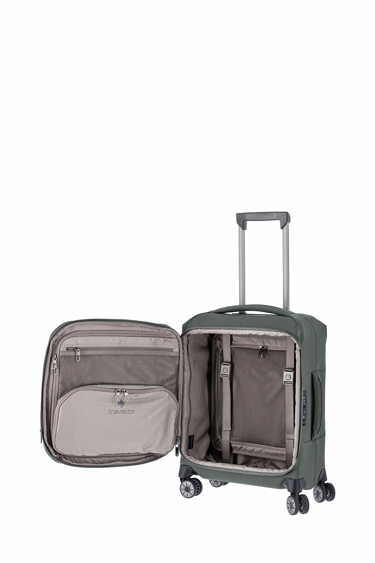 Travelite Priima Trolley Gr. S 55 cm mit 4 Rollen aus Nylon + recyceltem Polyester Oliv