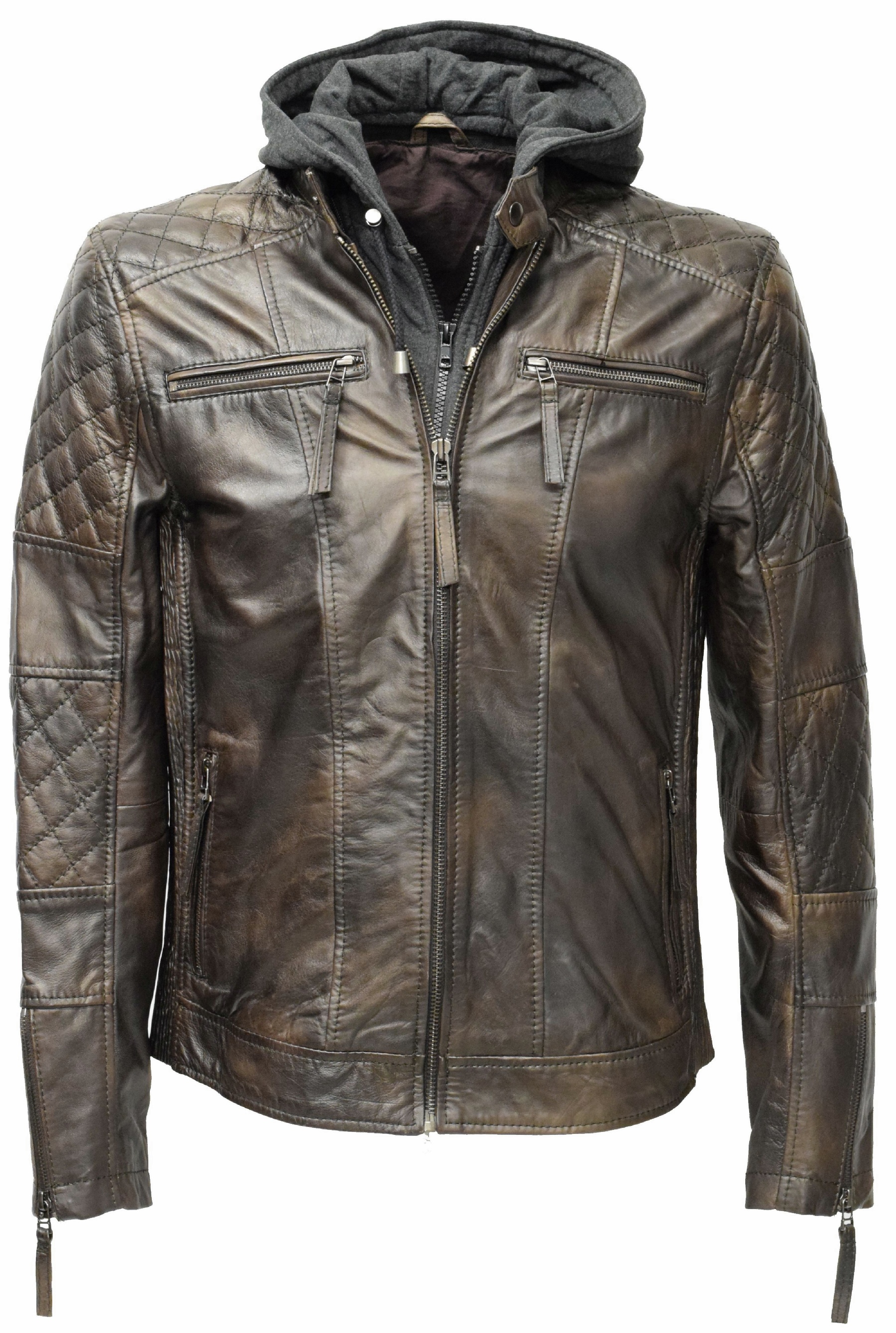 Herren Lederjacke Alex II gesteppt in washed Mocca mit Kapuze 