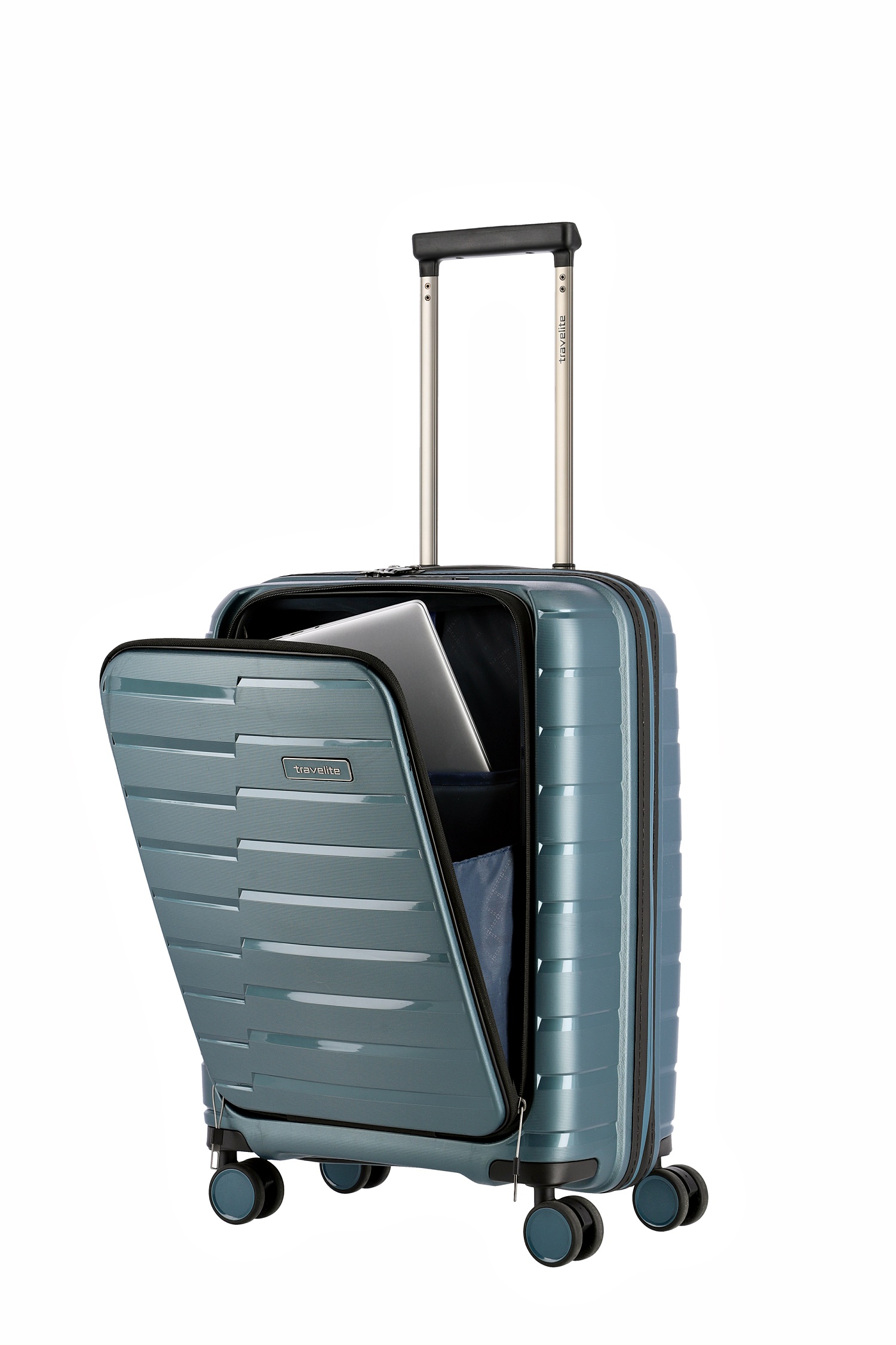 Travelite Koffer Air Base Vortasche 4 Rollen Trolley 55 cm S+ Eisblau