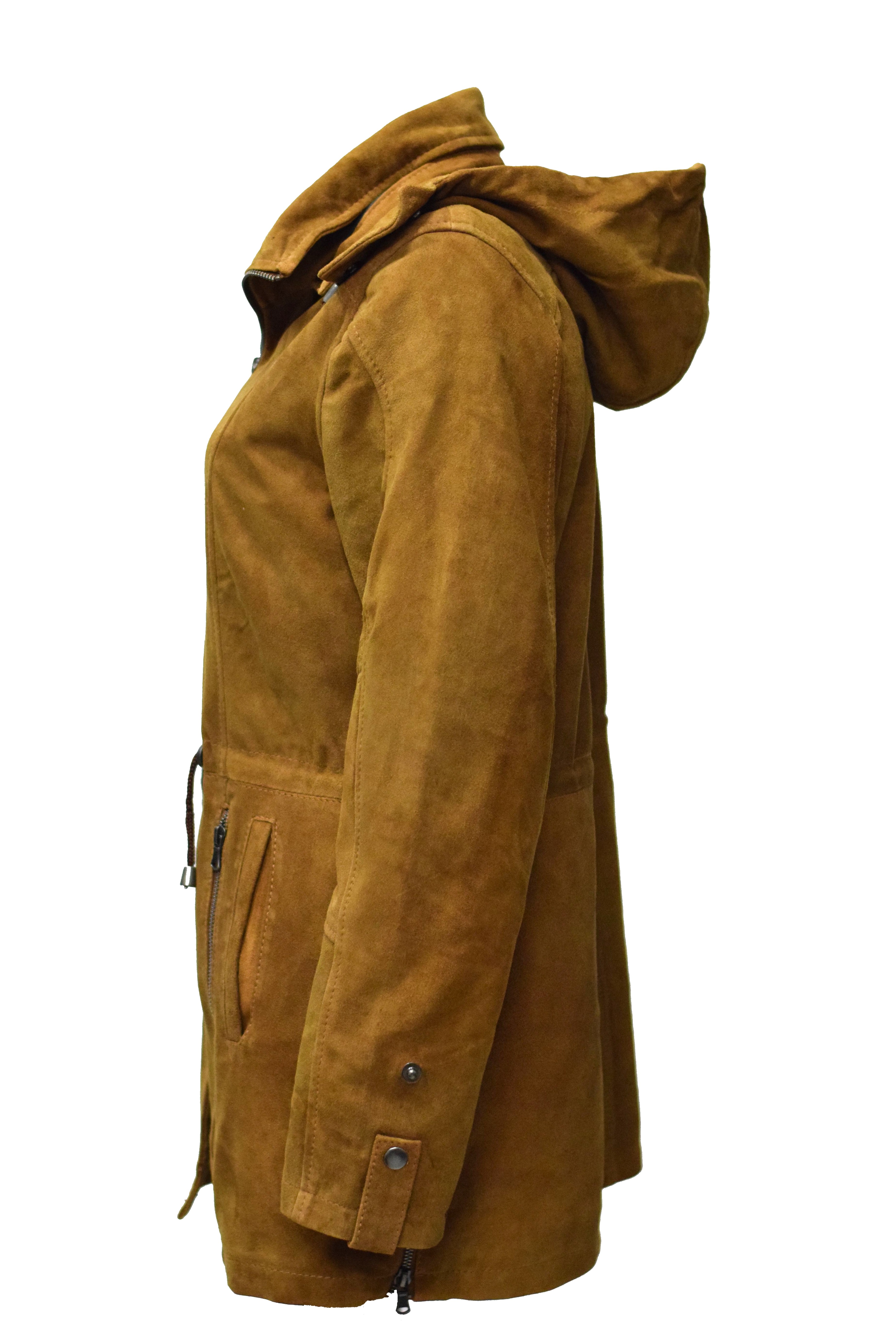 Damen Lederparka Helene mit Kapuze aus Ziegenvelourleder in Cognac