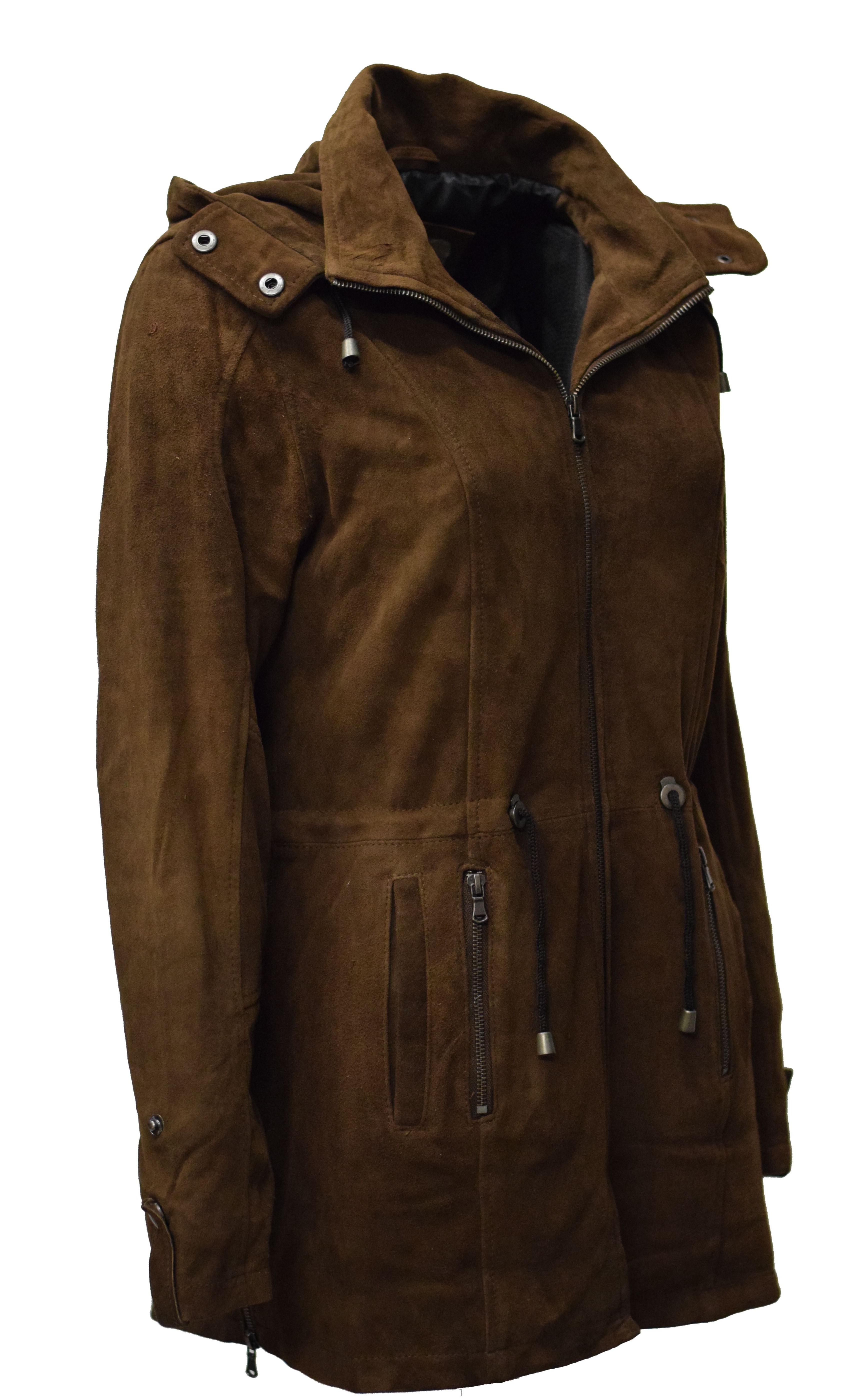Damen Lederparka Helene mit Kapuze aus Ziegenvelourleder in Mocca