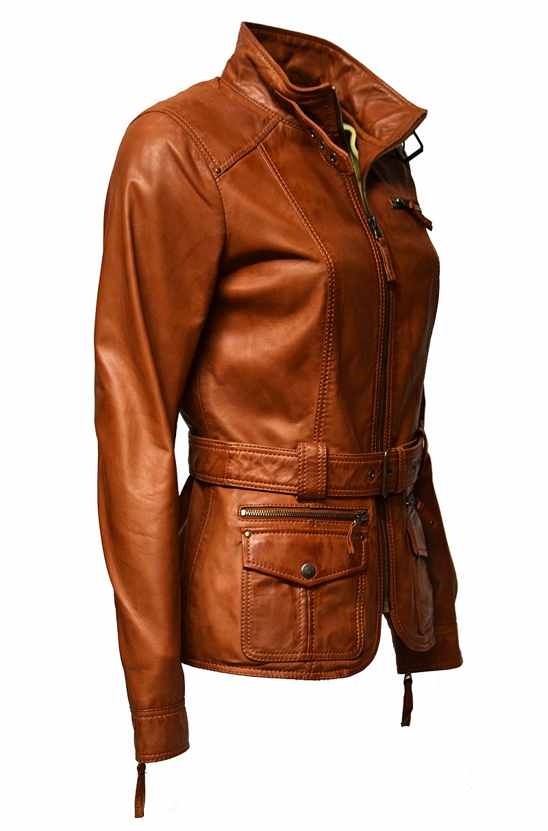 Damen Lederjacke Meggi mit Gürtel in washed Cognac