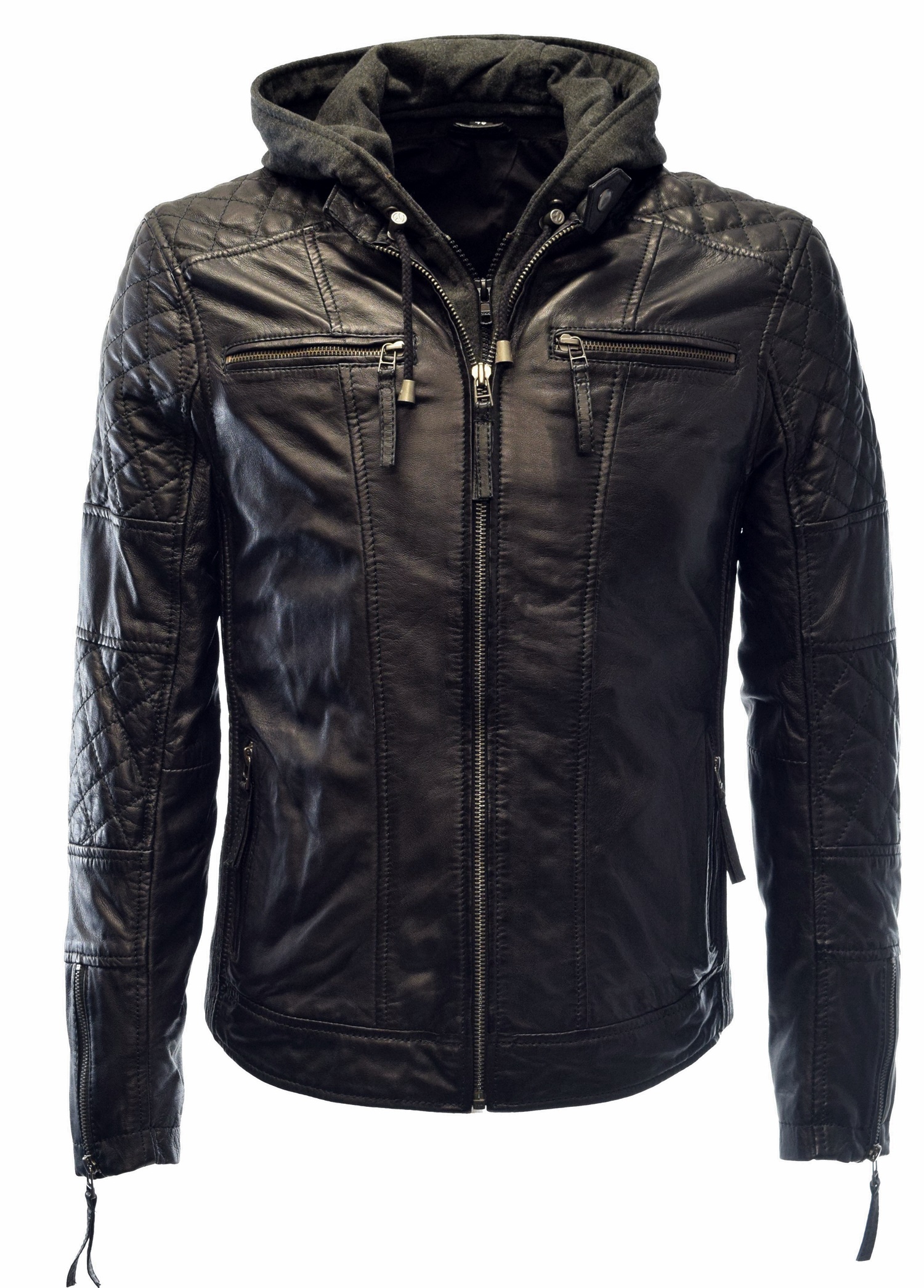 Herren Lederjacke Alex II gesteppt in washed Schwarz mit Kapuze