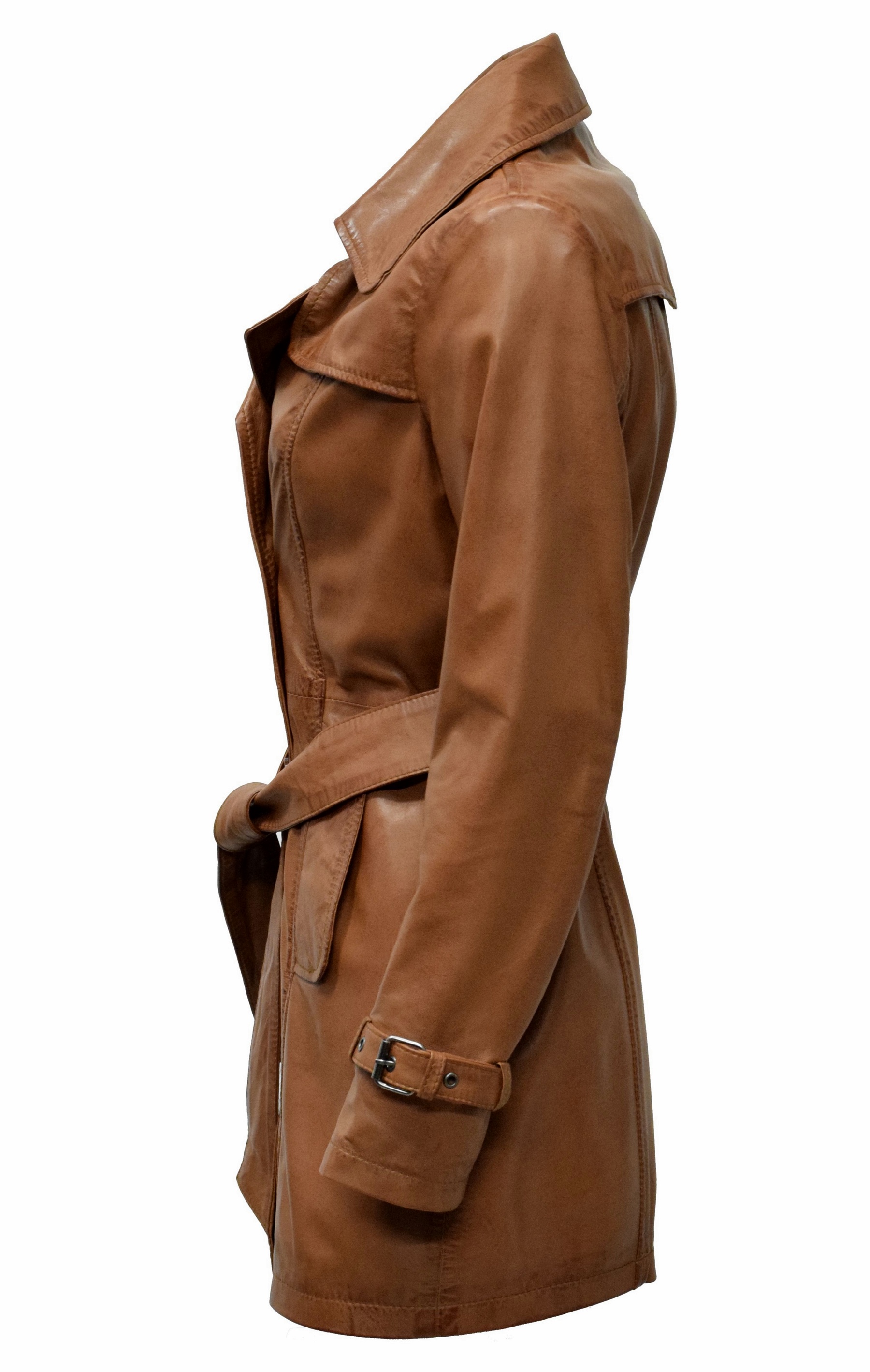 Damen Kurz- Trenchcoat Ledermantel Anna in washed Cognac