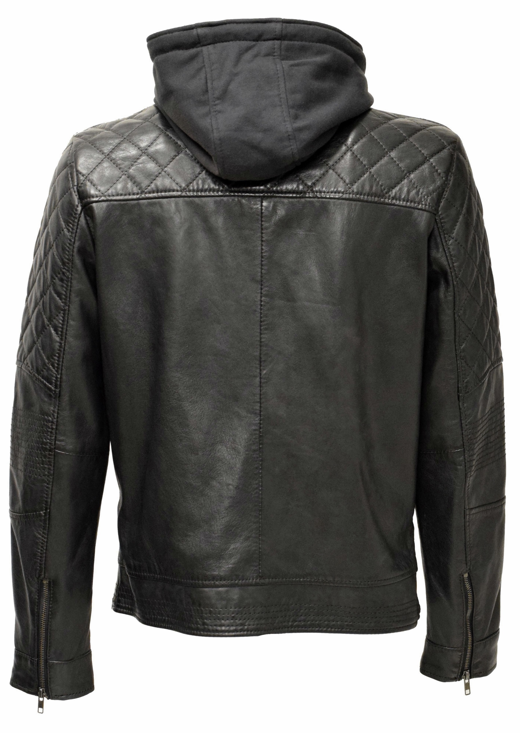 Herren Lederjacke Bastian gesteppt in washed Schwarz mit Kapuze
