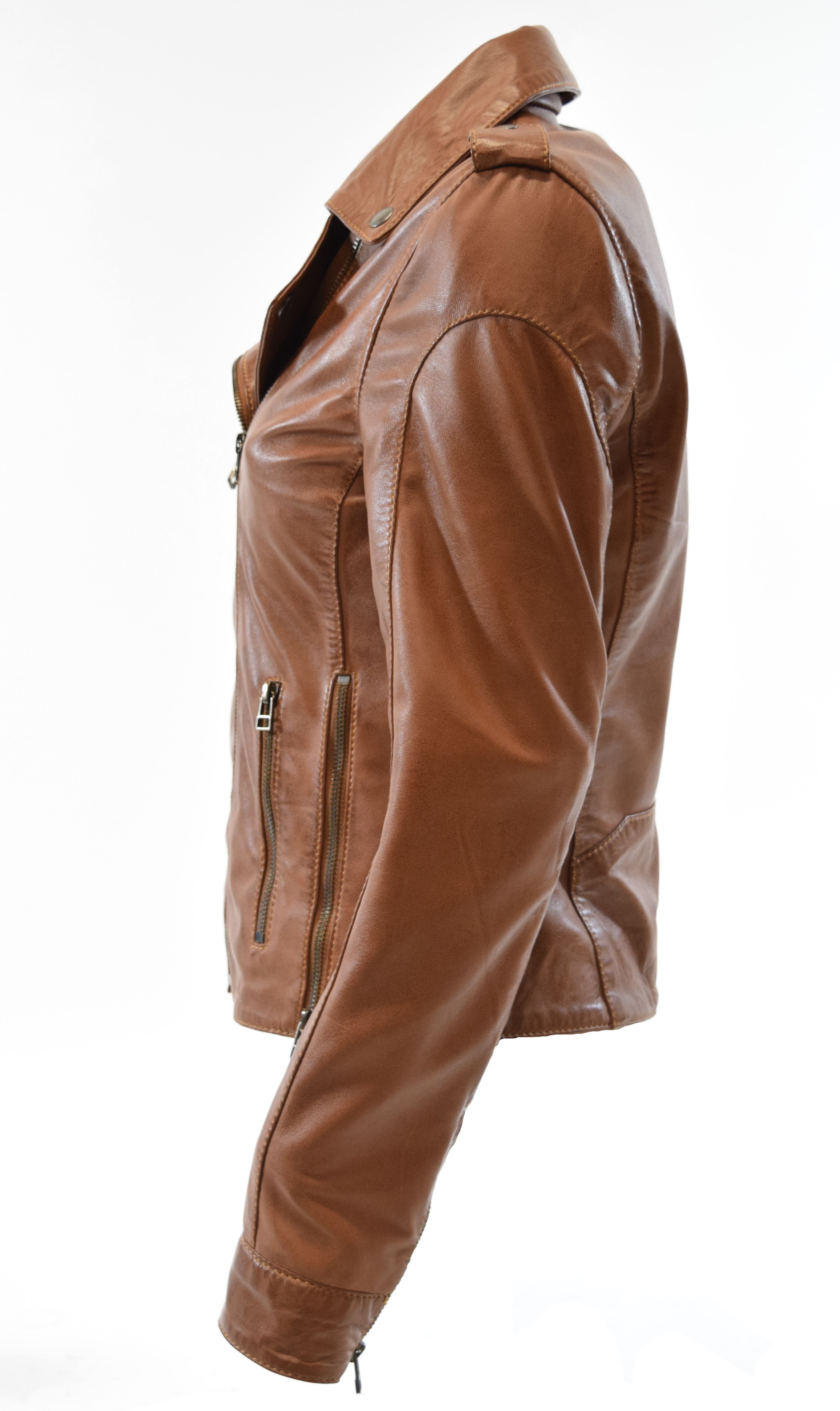 Damen Lammnappa Biker Lederjacke Sibilla Cognac Braun