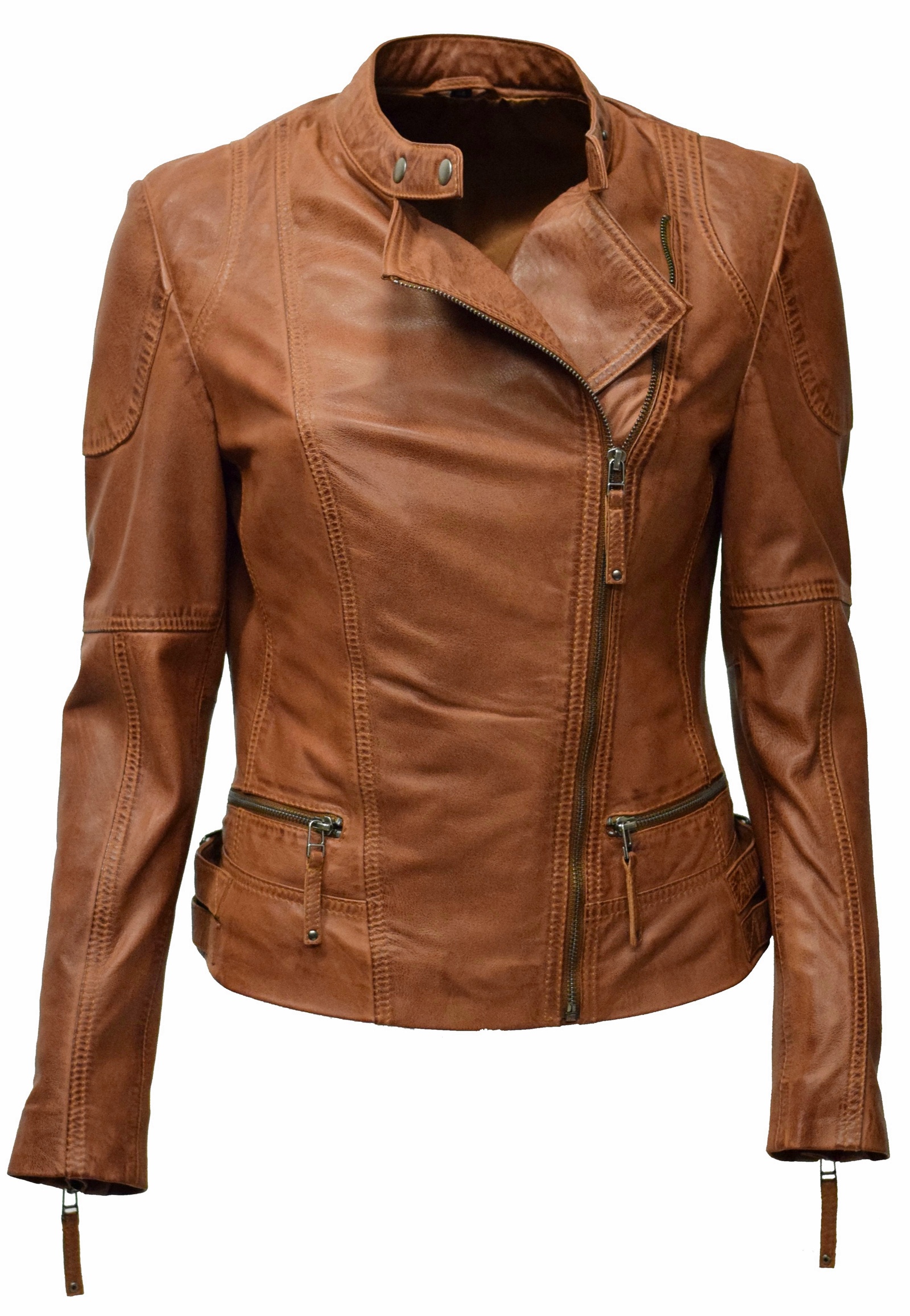 Damen Biker Lederjacke Jess in washed Cognac