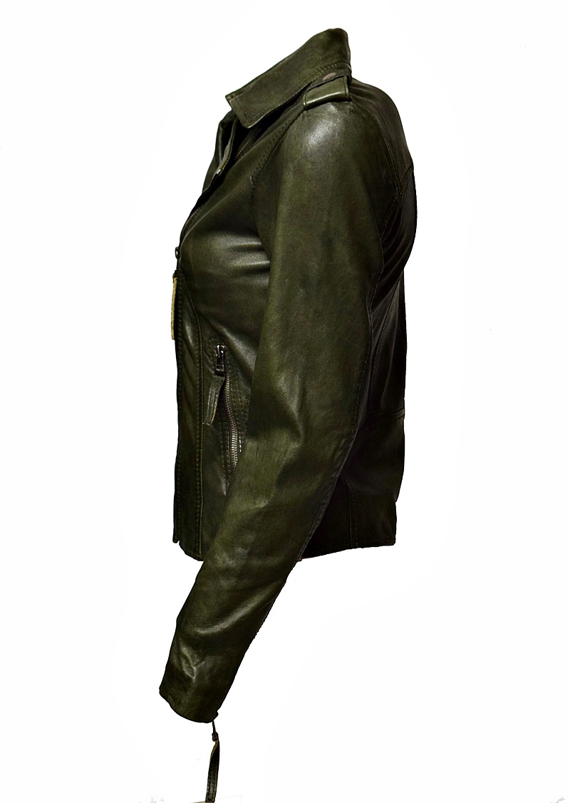 Damen Biker Lederjacke Amalia in Khaki Grün