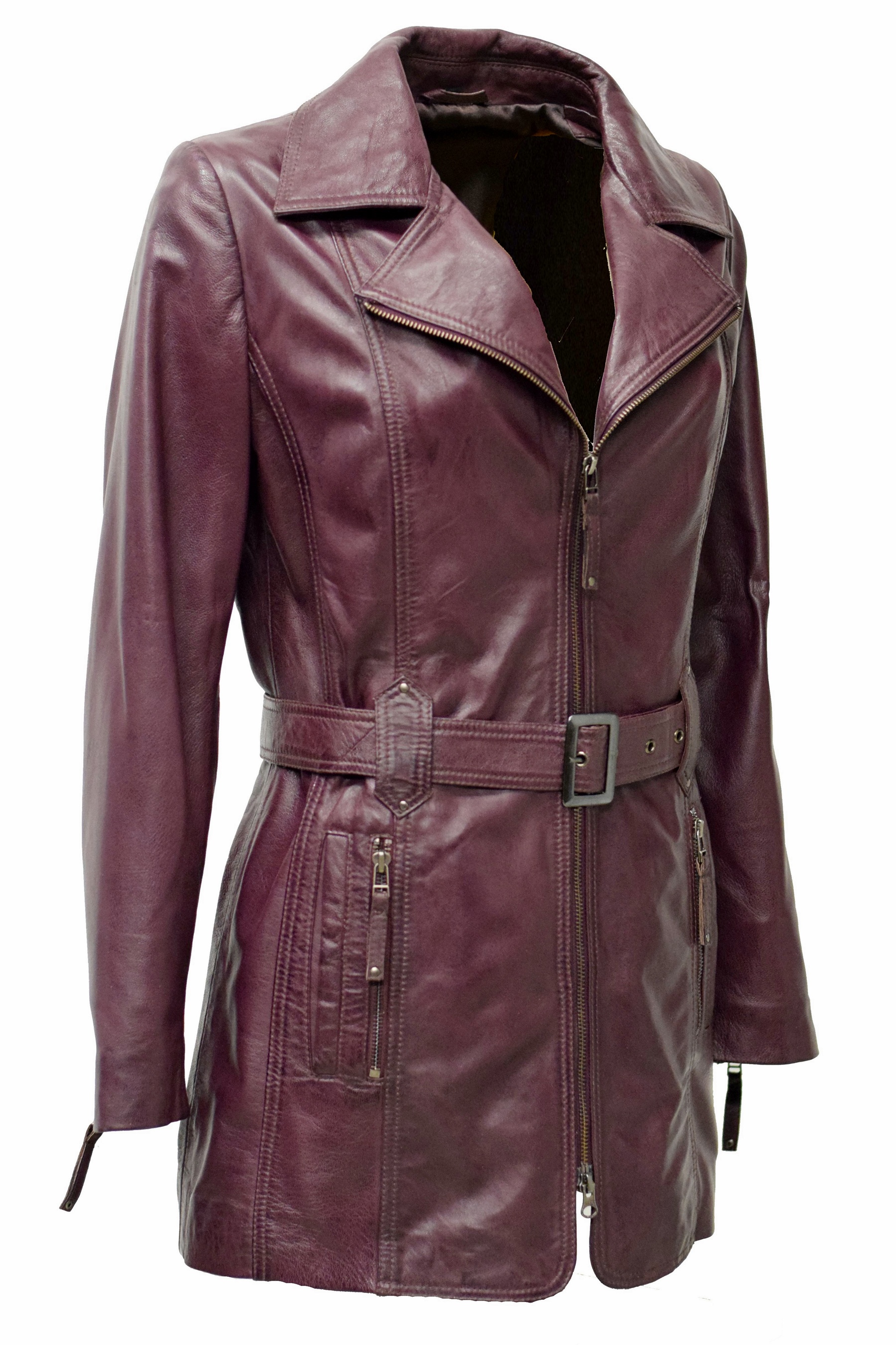 Damen Ledermantel Lara in washed Burgund