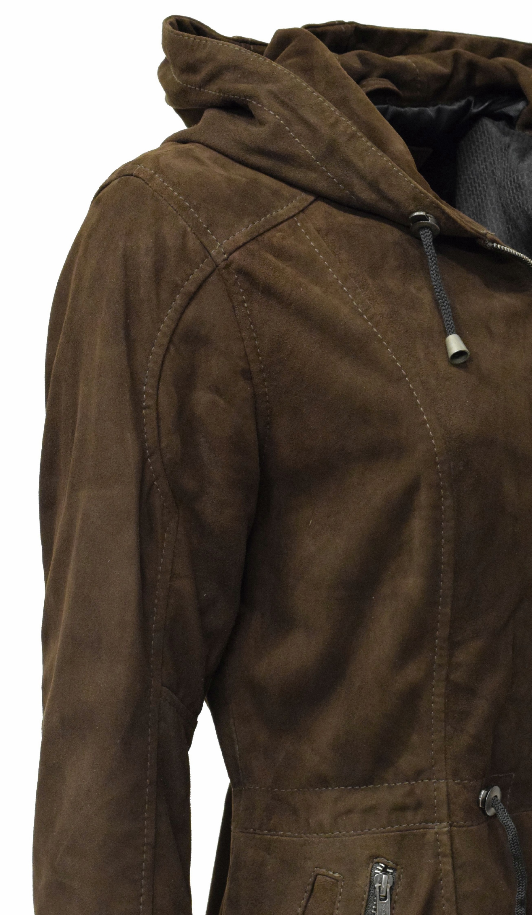 Damen Lederjacke Lila mit Kapuze in Ziegenvelour Schokobraun